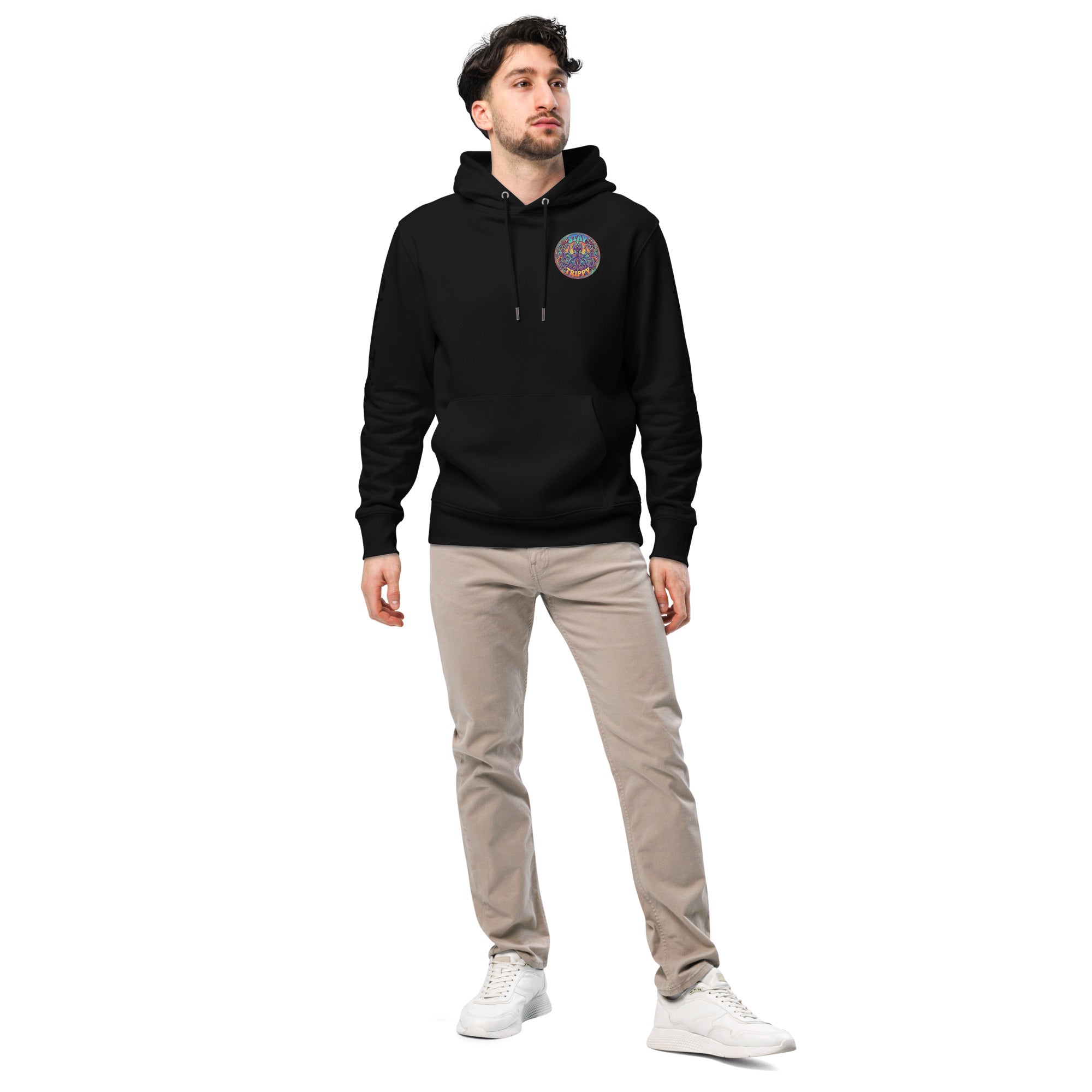 Leaky Ts Stay Trippy hoodie in black, unisex eco-friendly organic cotton with front design, casual and comfortable unisex sweatshirt