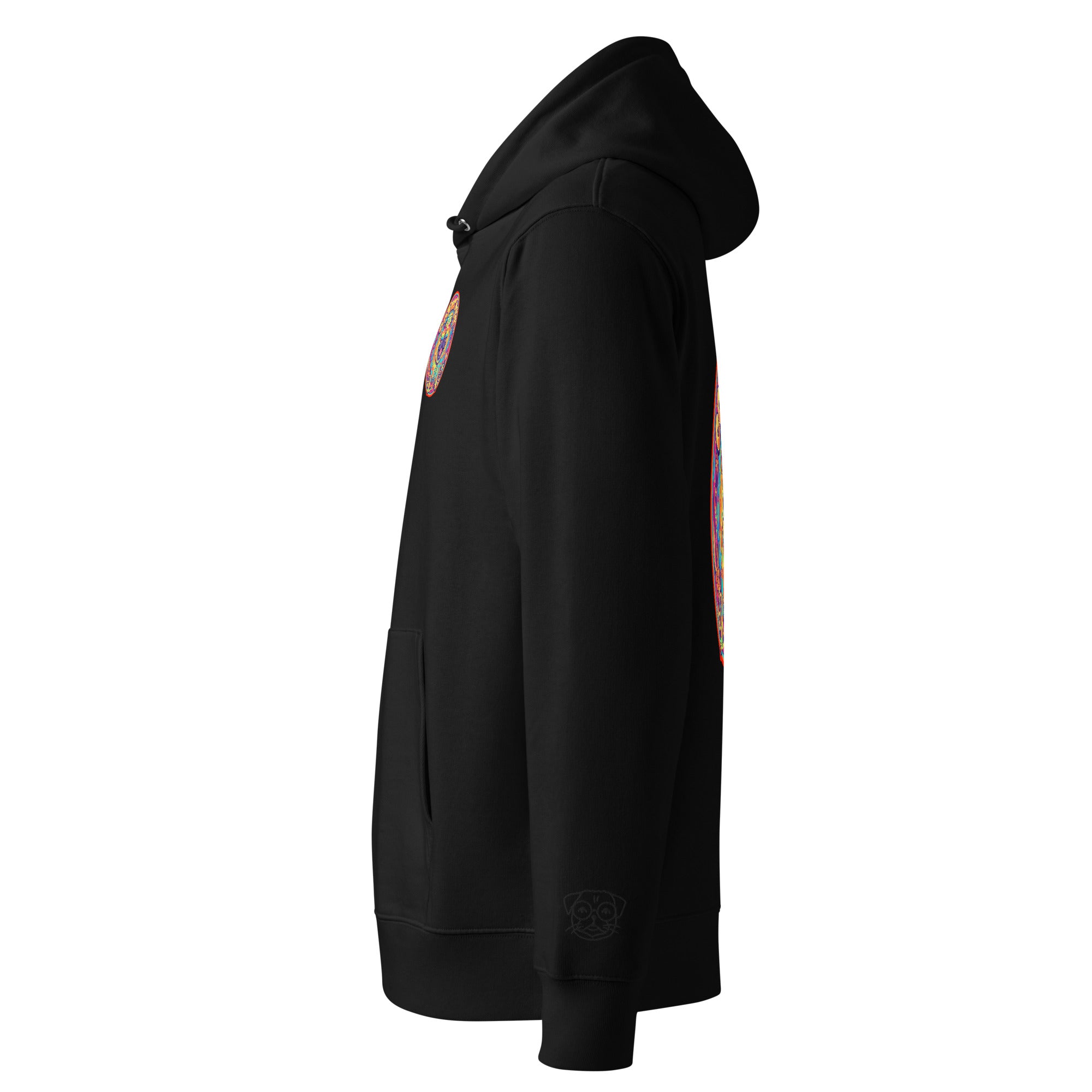 Unisex black Cosmic Pug hoodie made from 100% organic cotton by Leaky ts, featuring a cosmic pug graphic on the front.