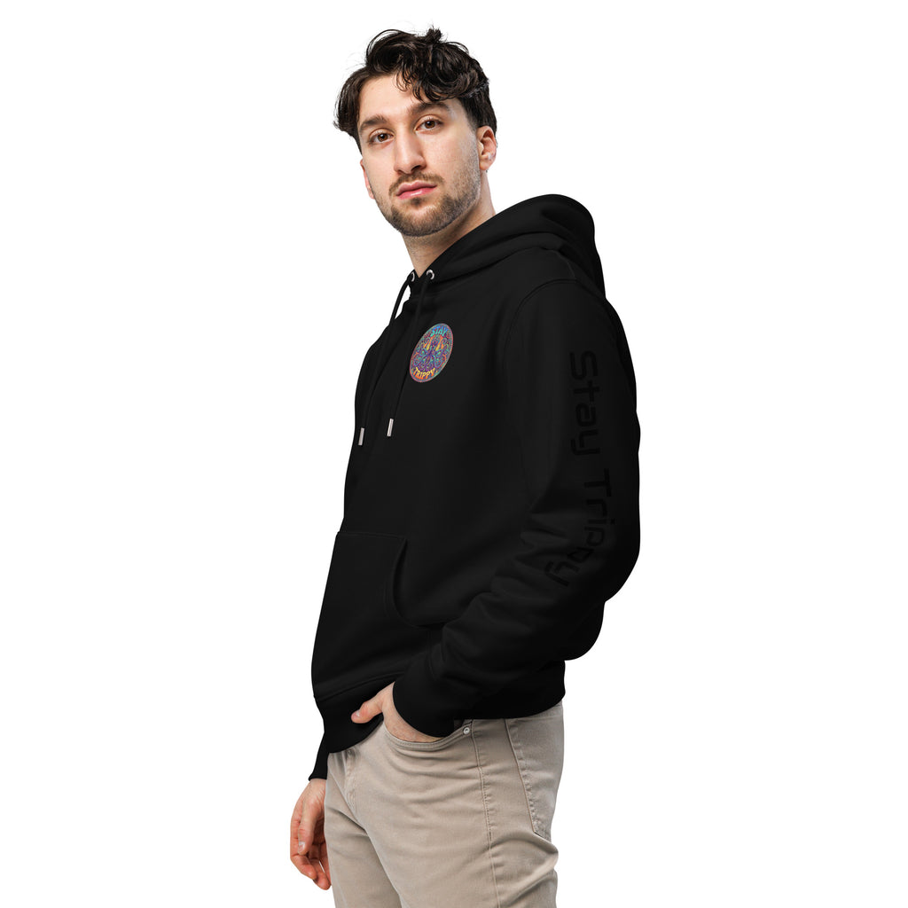 Black Stay Trippy hoodie by Leaky TS made from 100% organic cotton, featuring a unisex essential eco-friendly design.