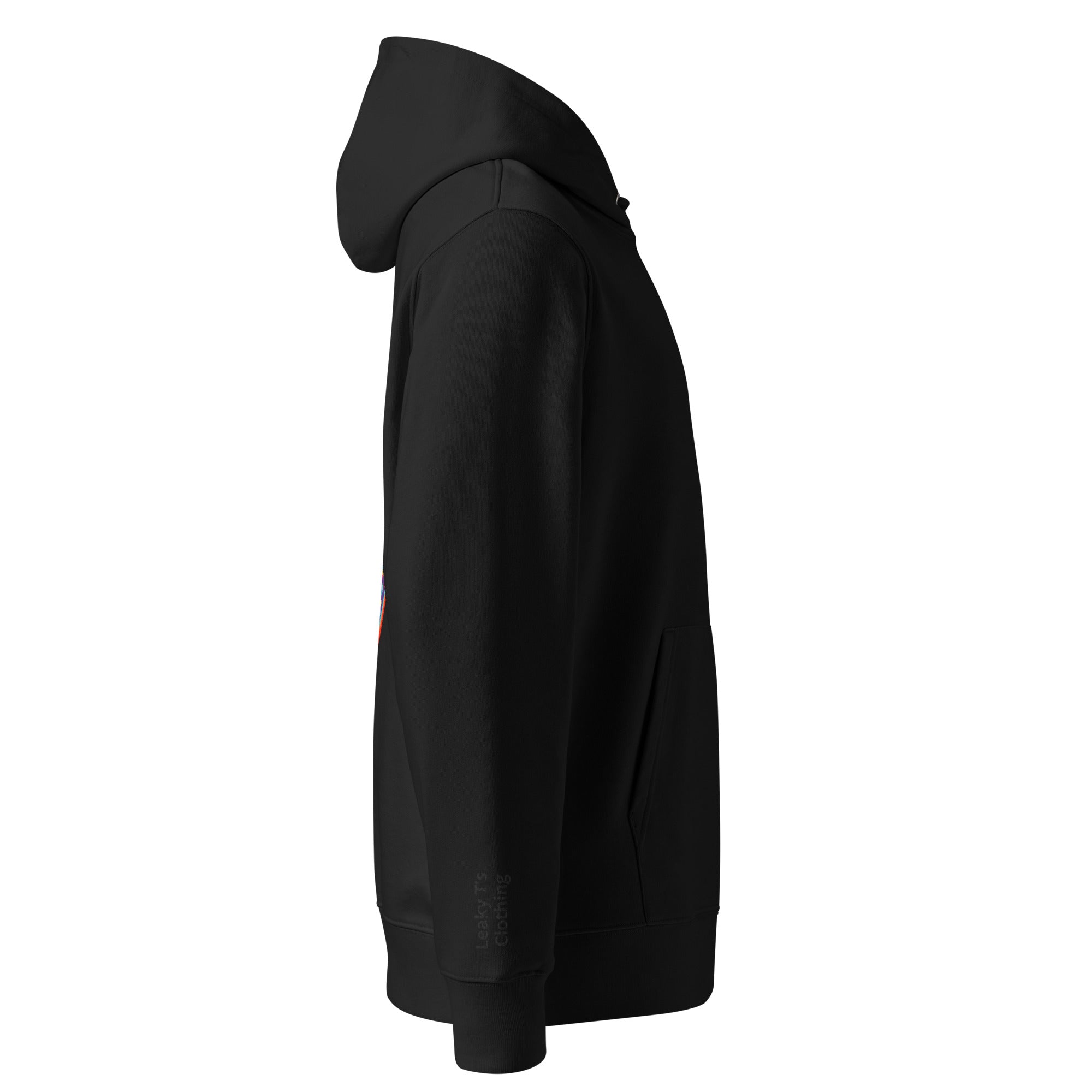 Black cosmic pug hoodie by Leaky ts made from 100% organic cotton, shown from the right side on a unisex eco-hoodie.