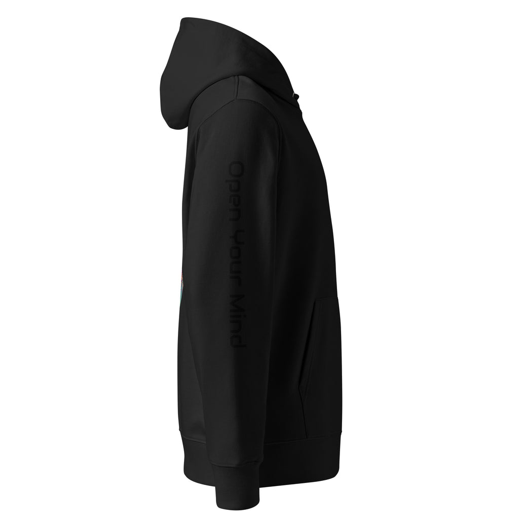 Unisex black Stay Trippy hoodie by Leaky ts made from 100% organic cotton, displayed from the right side view.