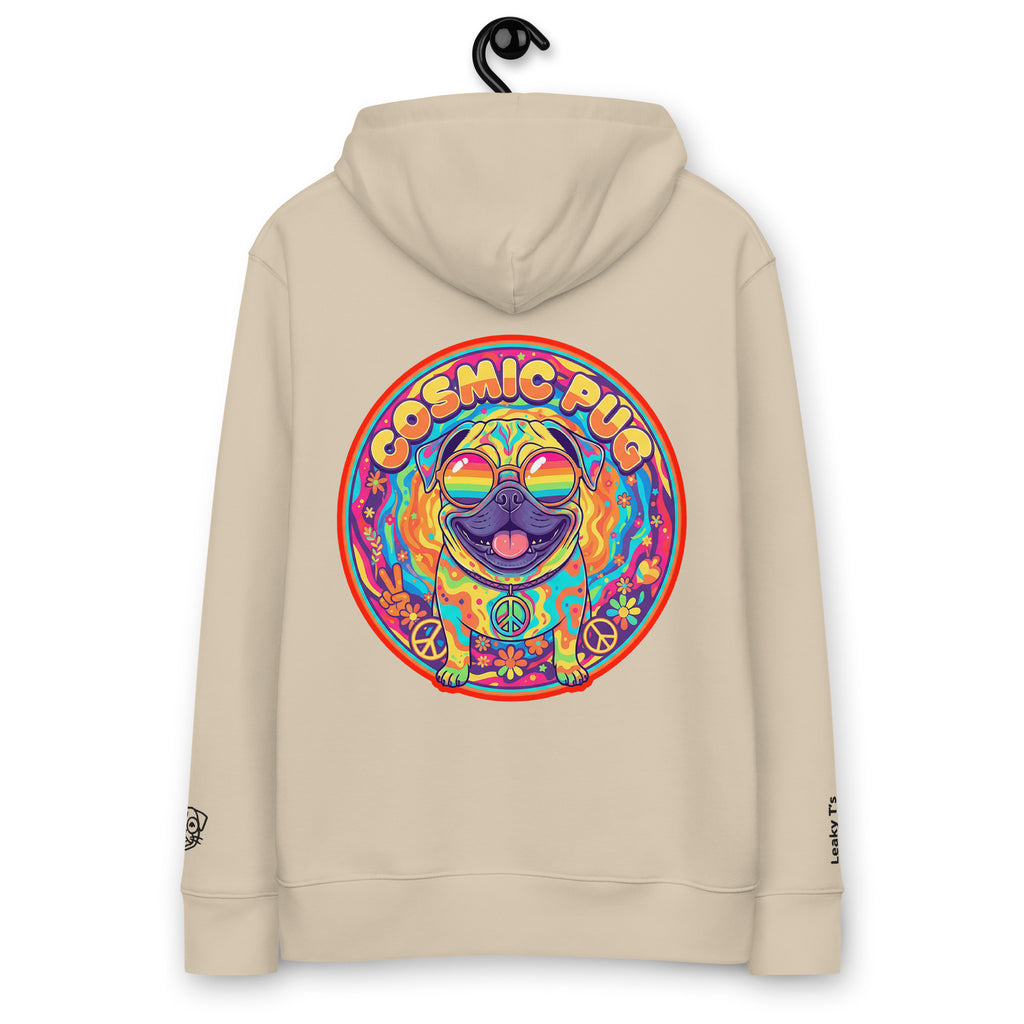 Unisex Cosmic Pug Hoodie by Leaky ts in desert dust color, made from 100% organic cotton, shown from back view.