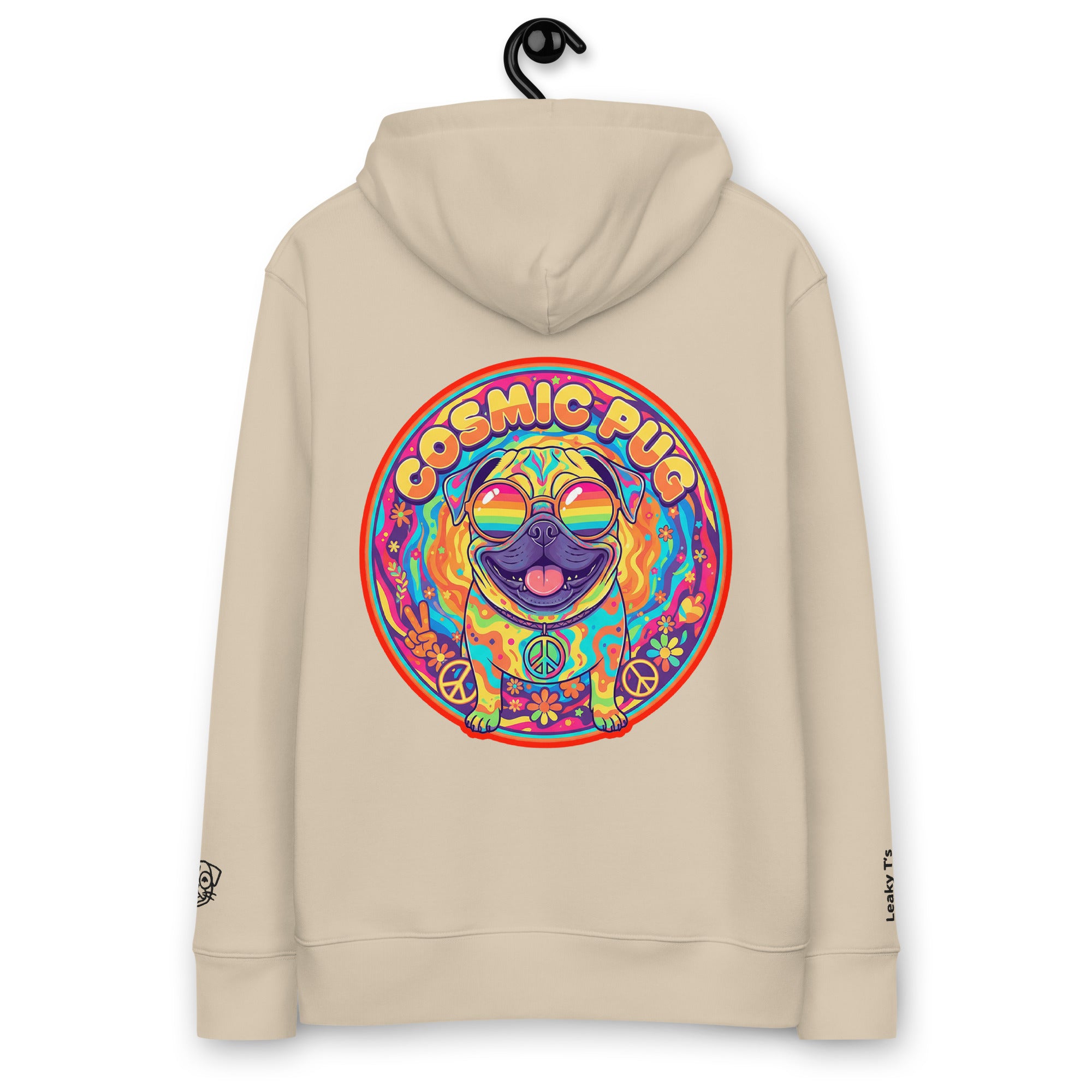 Unisex Cosmic Pug Hoodie by Leaky ts in desert dust color, made from 100% organic cotton, shown from back view.
