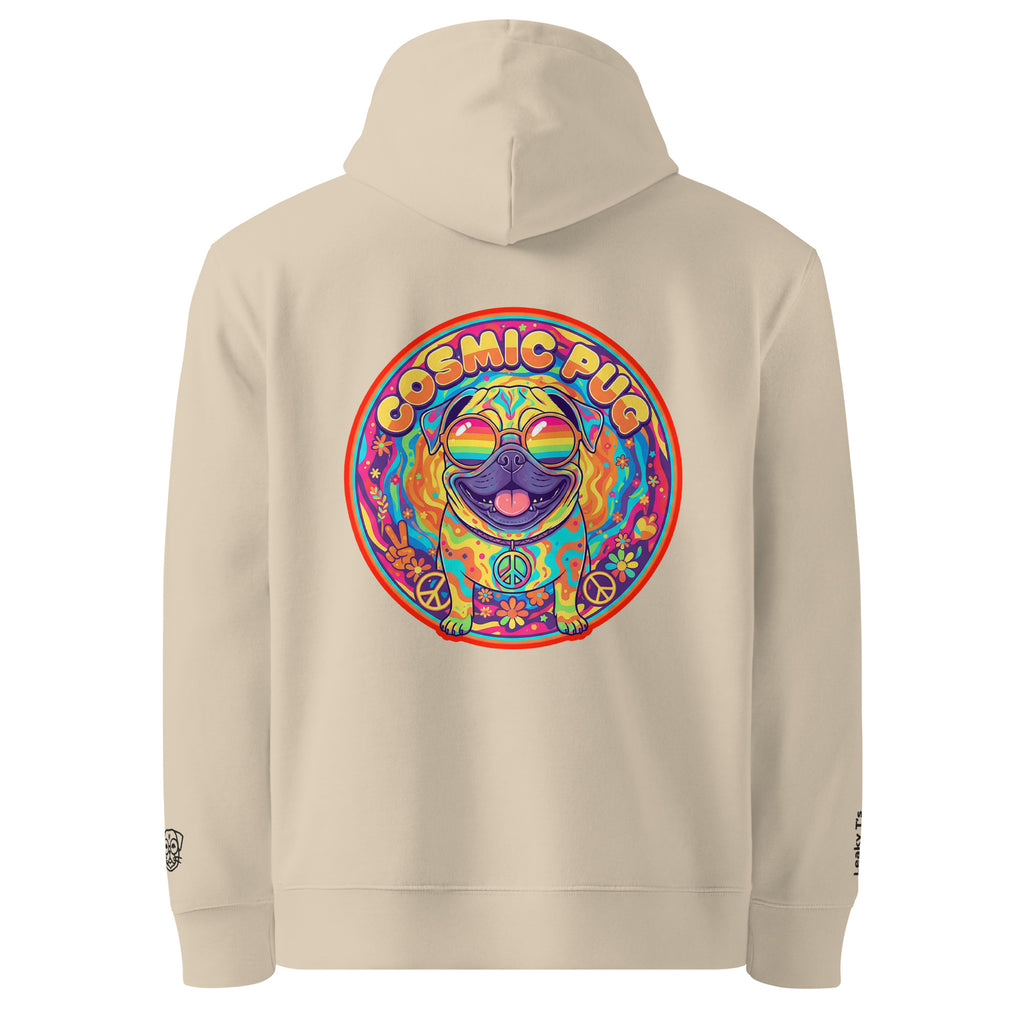Unisex Cosmic Pug Hoodie by Leaky ts in desert dust color, made from 100% organic cotton, shown from the back view.