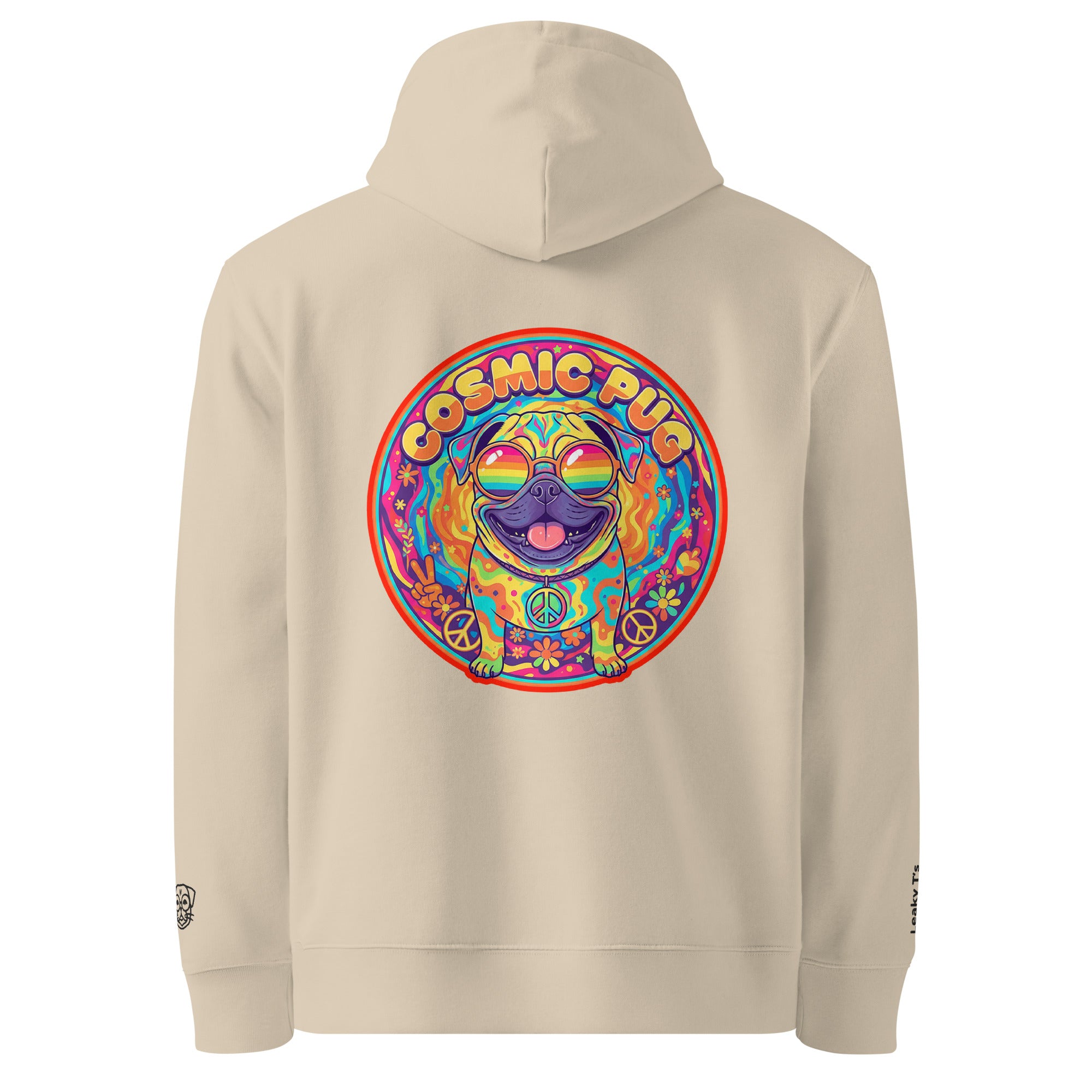 Unisex Cosmic Pug Hoodie by Leaky ts in desert dust color, made from 100% organic cotton, shown from the back view.