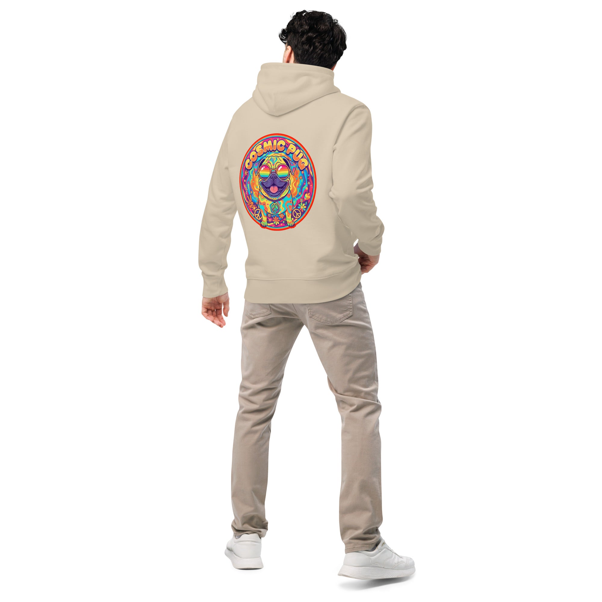 Unisex Cosmic Pug Hoodie by Leaky ts in desert dust color, made from 100% organic cotton, shown from the back.