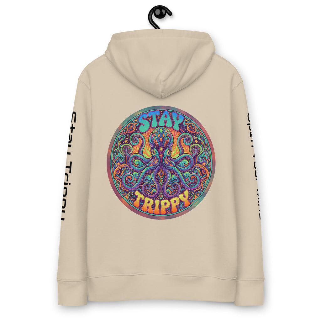 Leaky ts Stay Trippy hoodie in desert dust color, made from 100% organic cotton, featuring a relaxed unisex fit and eco-friendly design.