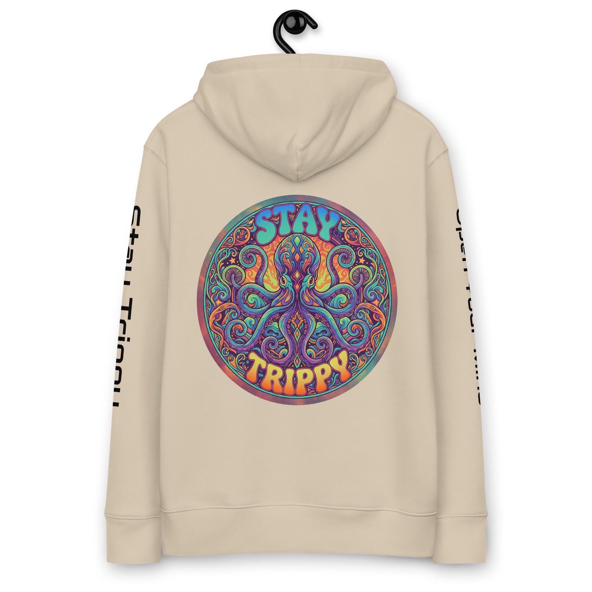 Leaky ts Stay Trippy hoodie in desert dust color, made from 100% organic cotton, featuring a relaxed unisex fit and eco-friendly design.
