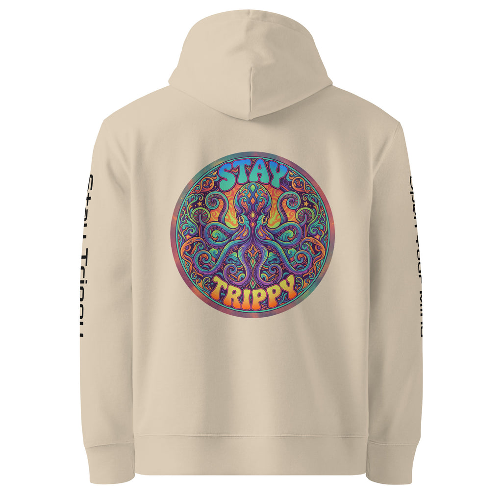 Leaky Ts Stay Trippy hoodie in desert dust color, made from 100% organic cotton, unisex eco-friendly casual wear.