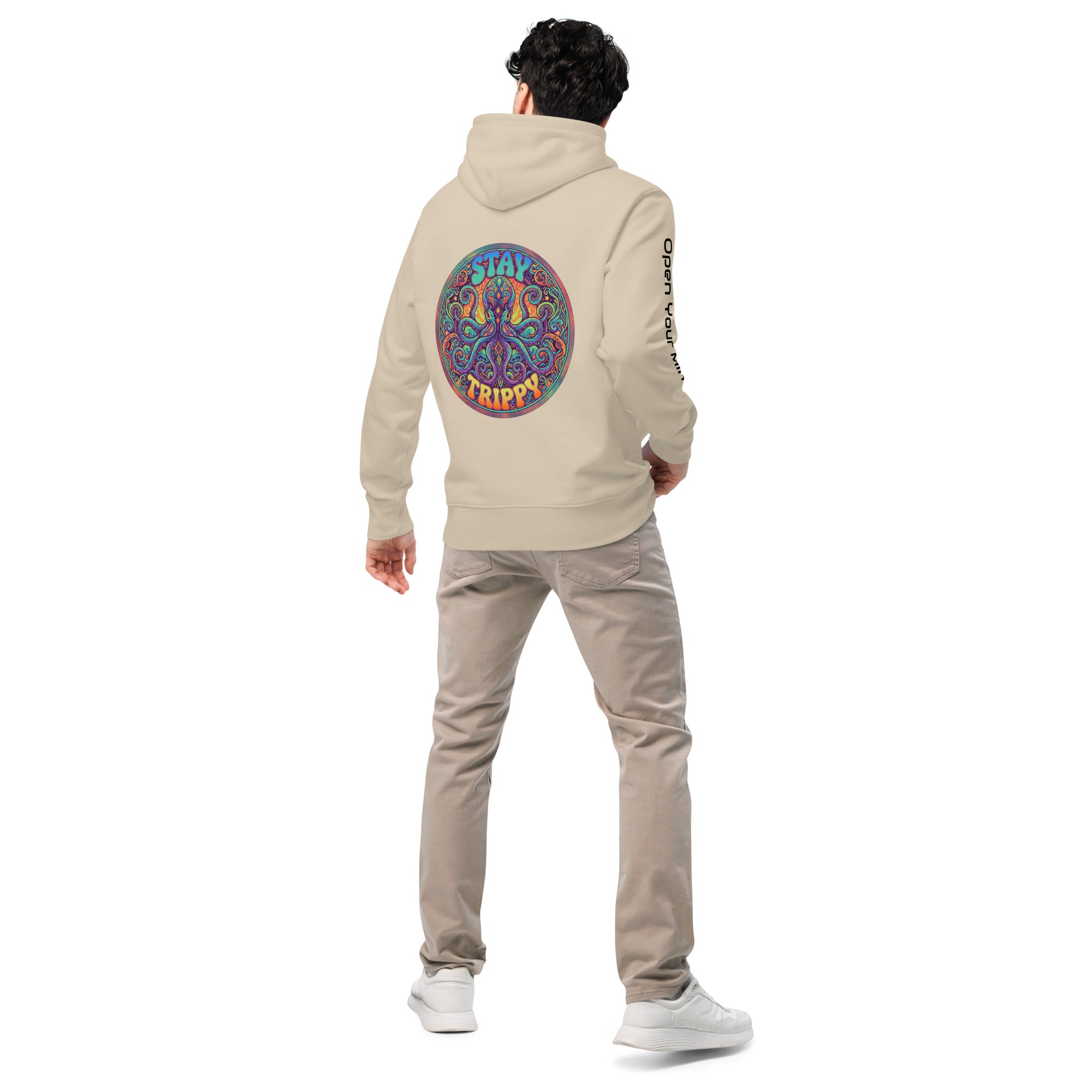 Leaky ts Stay Trippy hoodie in desert dust color, made from 100% organic cotton, displayed on a mannequin showing the back view.