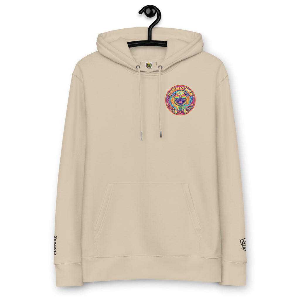 Leaky ts Cosmic Pug Hoodie in desert dust color, made from 100% organic cotton, featuring a front graphic of a pug and cosmic design.