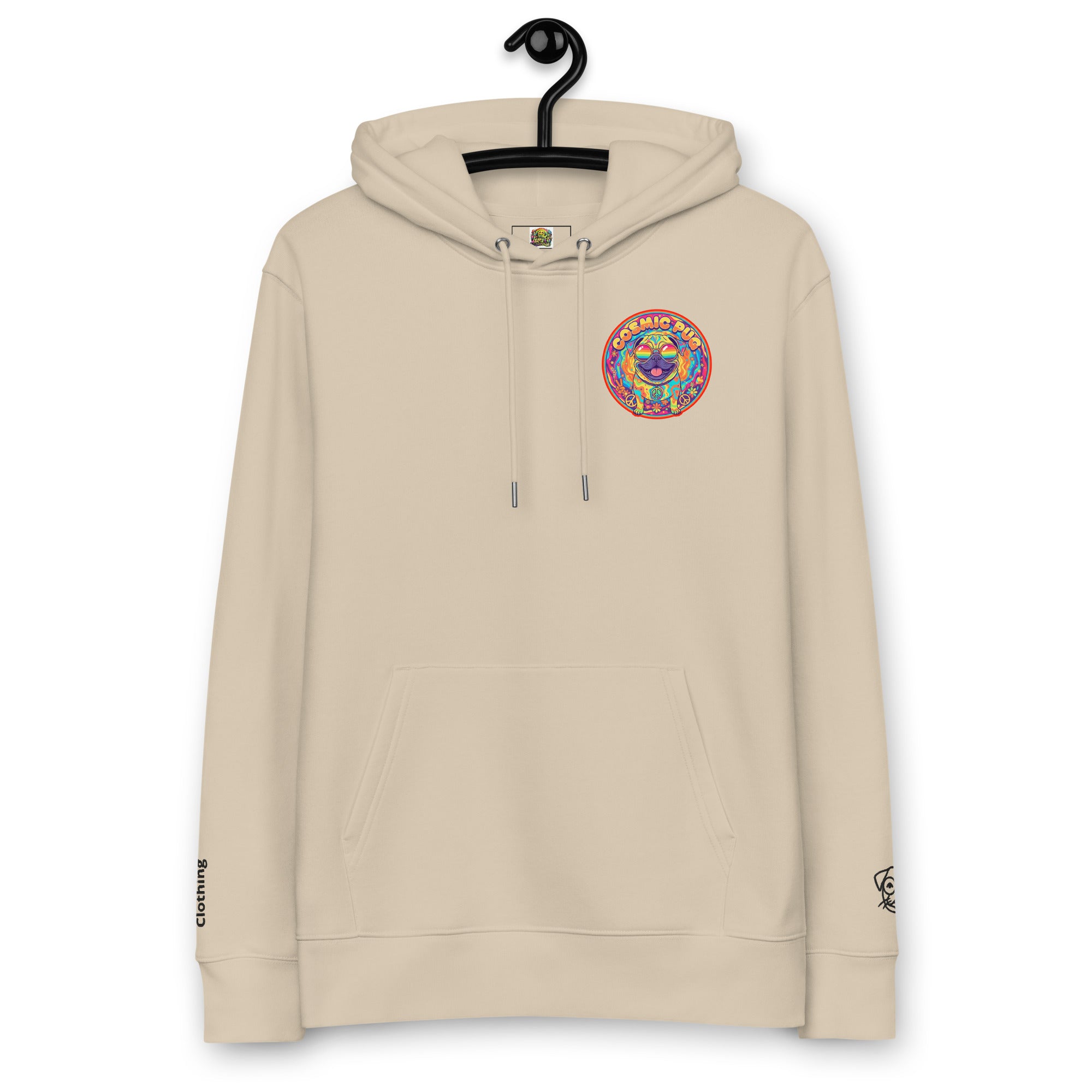Leaky ts Cosmic Pug Hoodie in desert dust color, made from 100% organic cotton, featuring a front graphic of a pug and cosmic design.