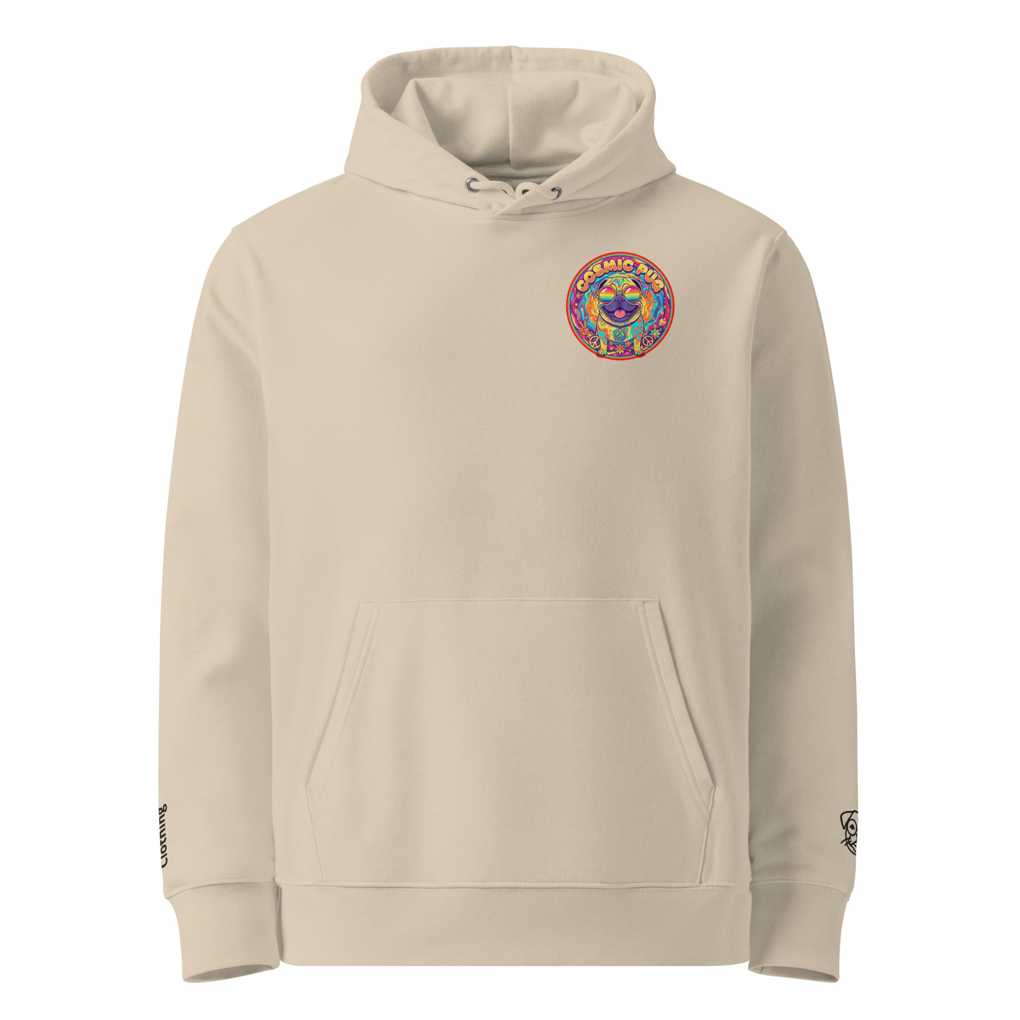 Unisex Cosmic Pug Hoodie by Leaky ts in desert dust color, made of 100% organic cotton, front view with pug graphic design.