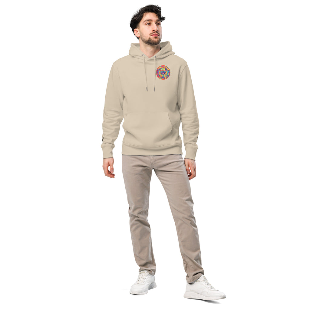Leaky ts Cosmic Pug Hoodie made from 100% organic cotton, unisex eco-friendly hoodie in desert dust color, front view.