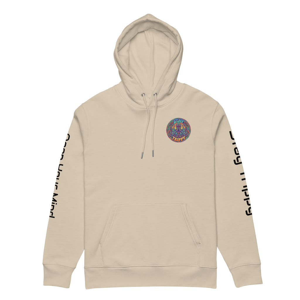 Unisex Stay Trippy hoodie by Leaky TS in desert dust color, made from 100% organic cotton, front view.
