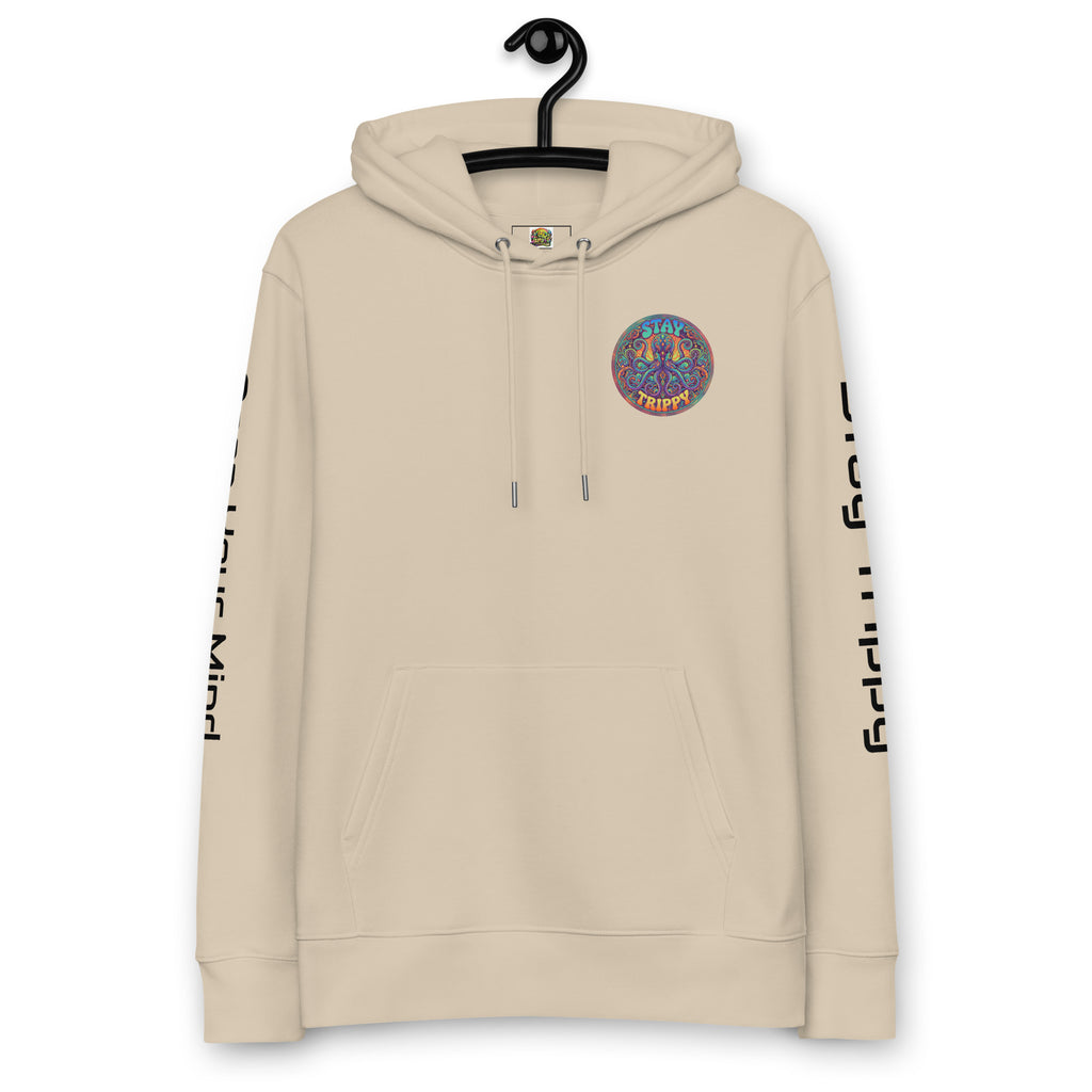 Leaky ts Stay Trippy hoodie in desert dust color, 100% organic cotton, front view of unisex eco hoodie with printed design.