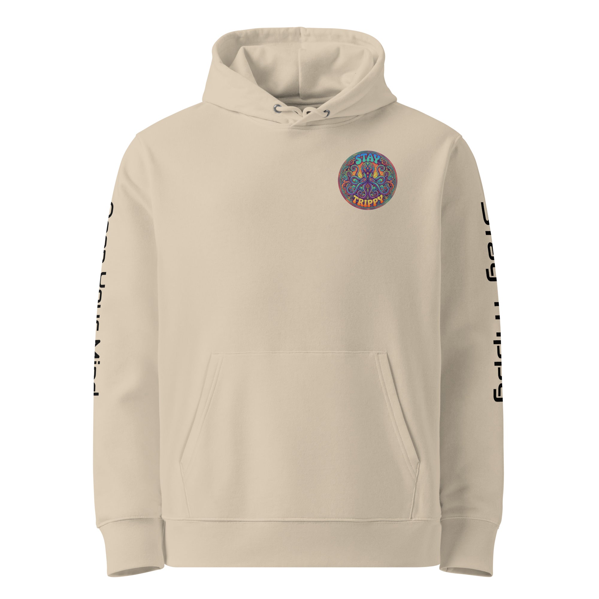 Leaky ts Stay Trippy Hoodie made of 100% organic cotton, unisex eco hoodie in desert dust color, front view with hood and drawstrings.