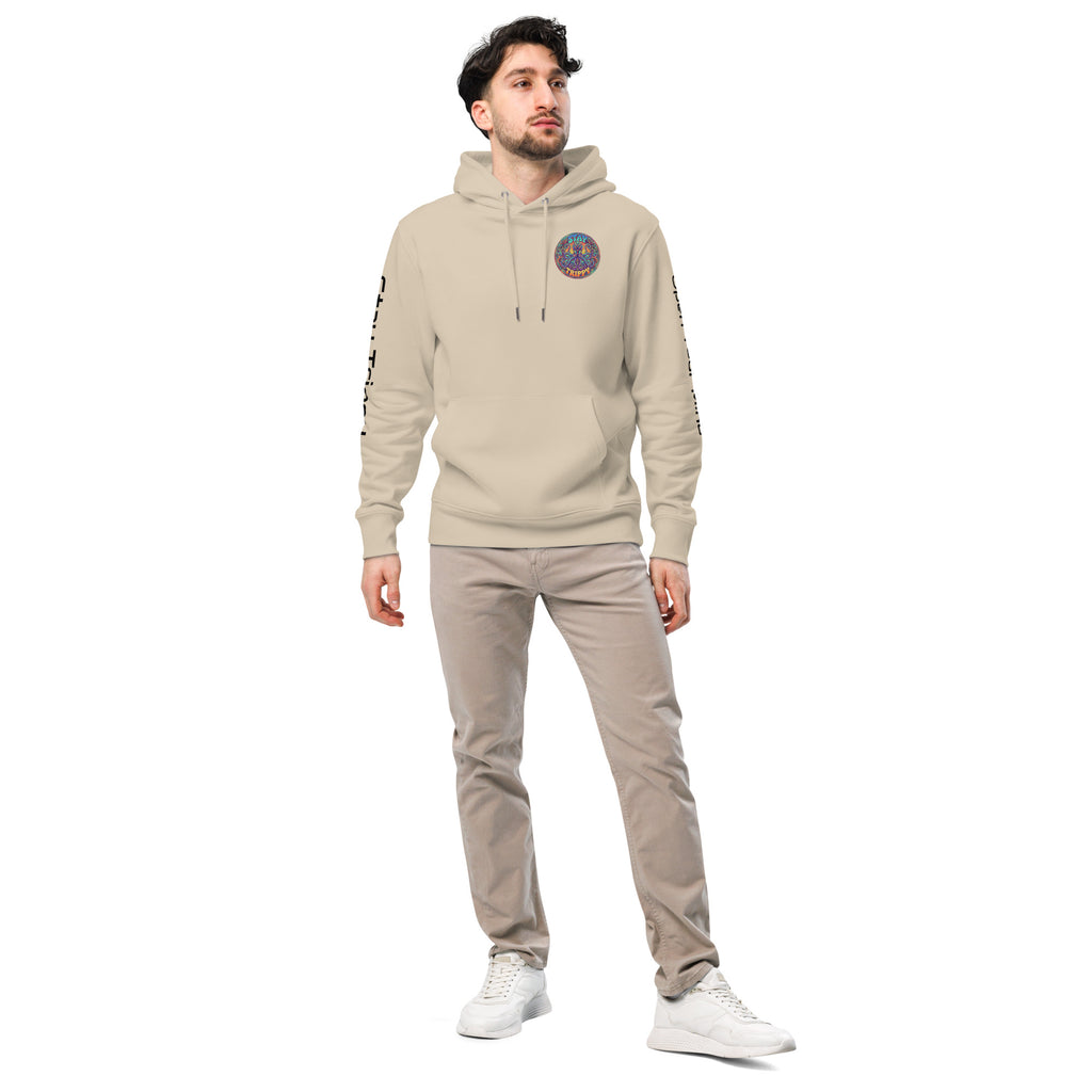 Unisex Stay Trippy hoodie by Leaky TS in desert dust, made of 100% organic cotton, front view showing casual fit and soft fabric.