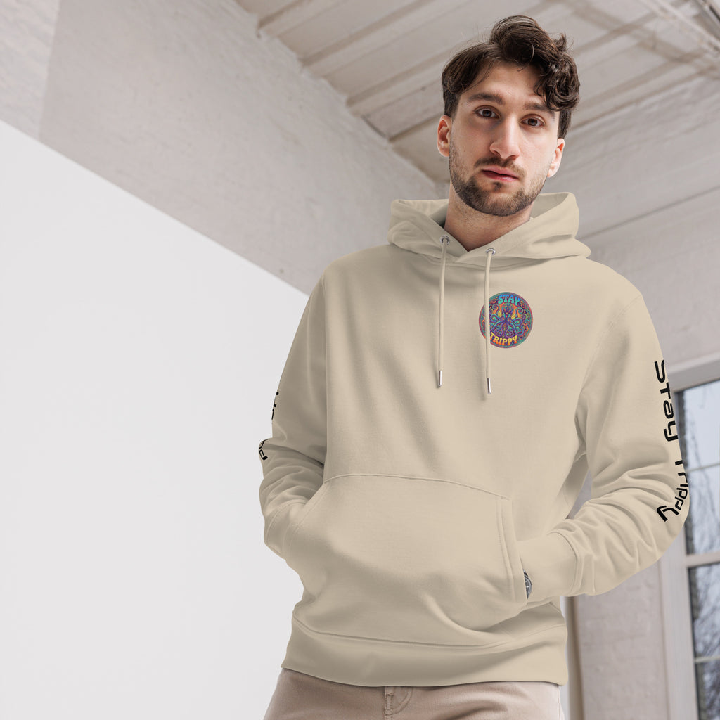 Leaky TS Stay Trippy hoodie in desert dust color, made from 100% organic cotton, unisex eco-friendly casual hoodie.