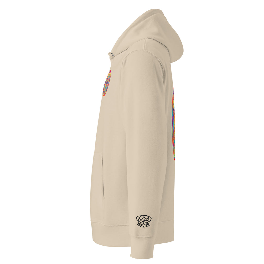 Unisex Cosmic Pug Hoodie by Leaky ts in desert dust color, made from 100% organic cotton, featuring a cosmic pug graphic.