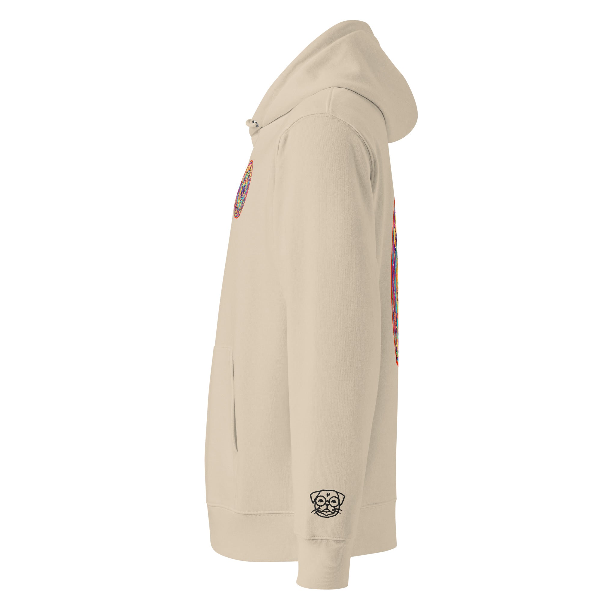 Unisex Cosmic Pug Hoodie by Leaky ts in desert dust color, made from 100% organic cotton, featuring a cosmic pug graphic.