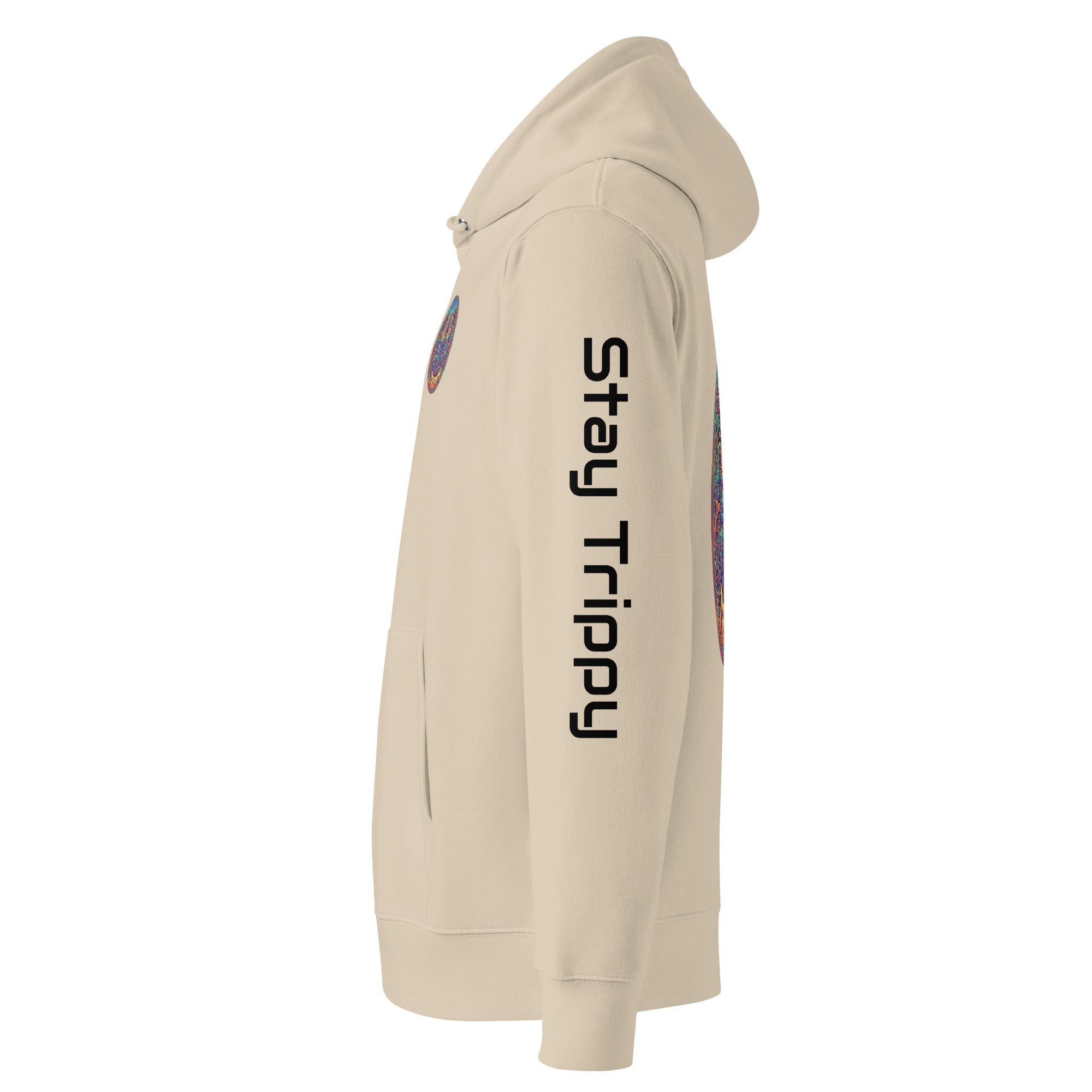 Leaky Ts Stay Trippy hoodie in desert dust color, made from 100% organic cotton, unisex essential eco-friendly sweatshirt.