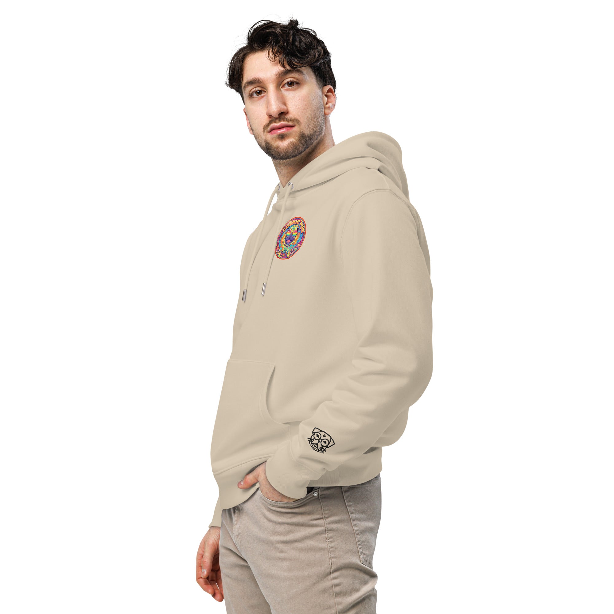 Unisex Cosmic Pug Hoodie by Leaky ts in desert dust color, made from 100% organic cotton, featuring a pug graphic on the front.
