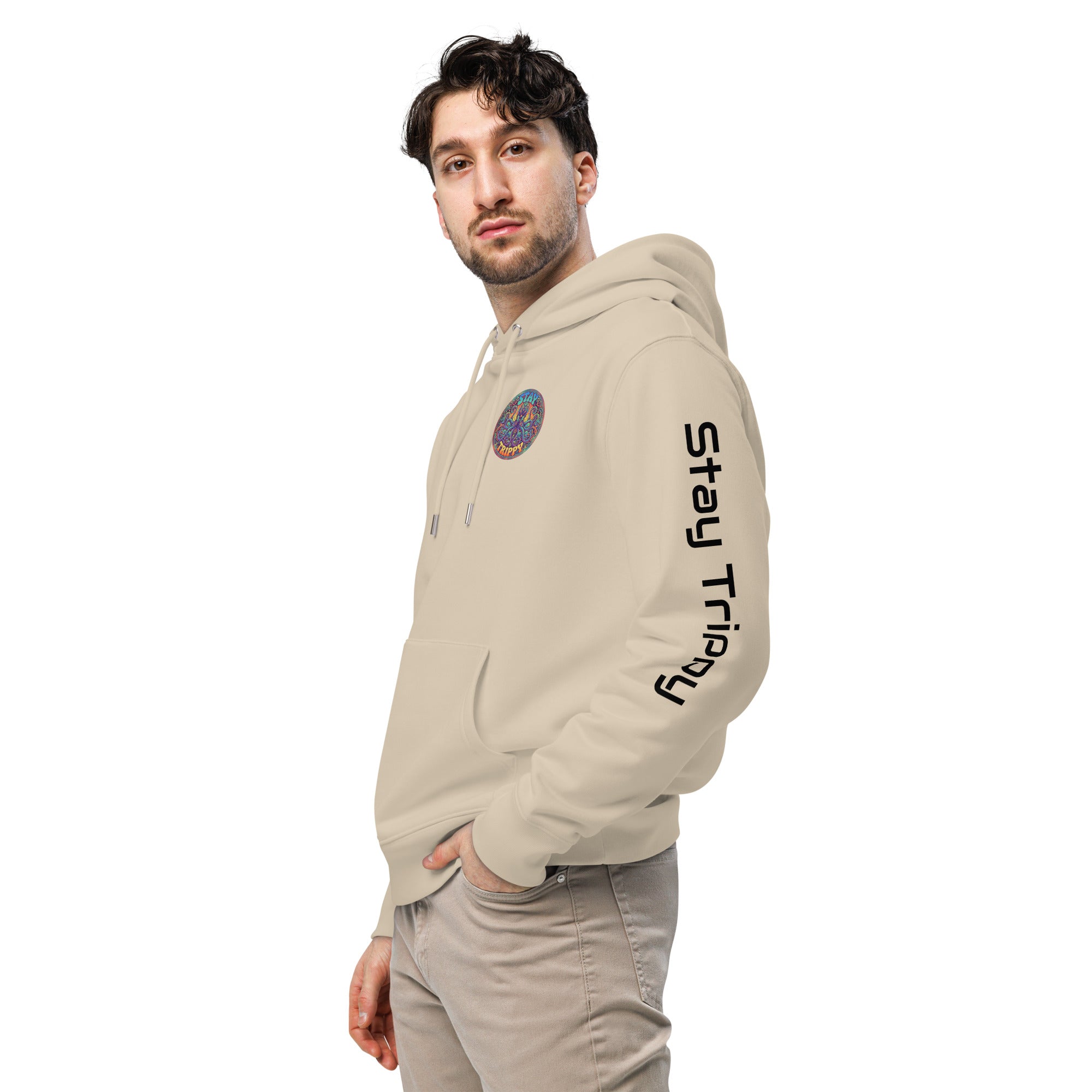 Leaky ts Stay Trippy hoodie made from 100% organic cotton, unisex eco-friendly hoodie in desert dust color, front view.