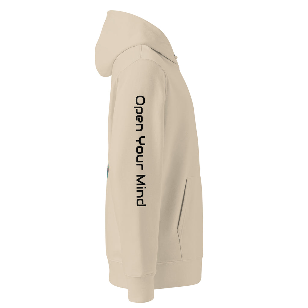 Unisex Stay Trippy hoodie by Leaky TS in desert dust color, made from 100% organic cotton, casual and eco-friendly.