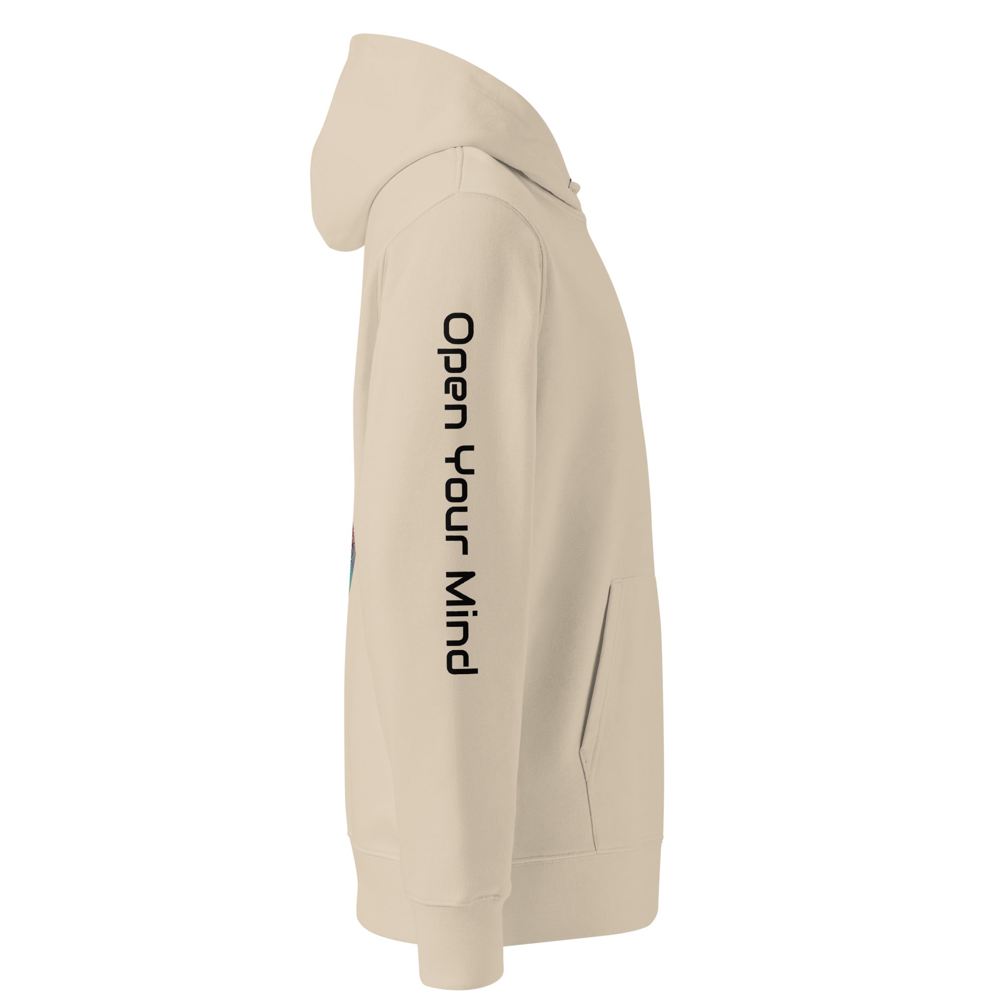 Unisex Stay Trippy hoodie by Leaky TS in desert dust color, made from 100% organic cotton, casual and eco-friendly.