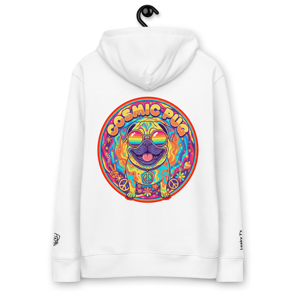 Unisex white Cosmic Pug hoodie made from 100% organic cotton, featuring a colorful pug graphic on the back.