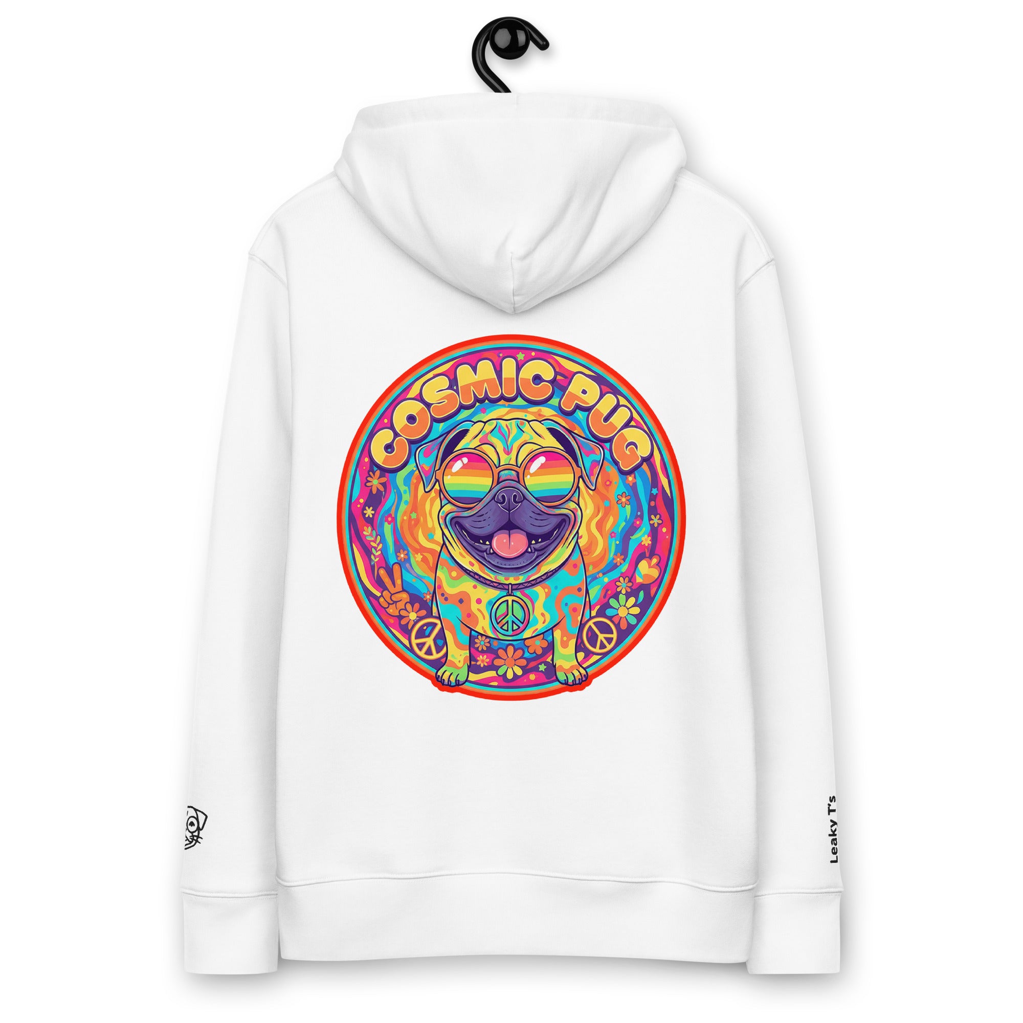 Unisex white Cosmic Pug hoodie made from 100% organic cotton, featuring a colorful pug graphic on the back.