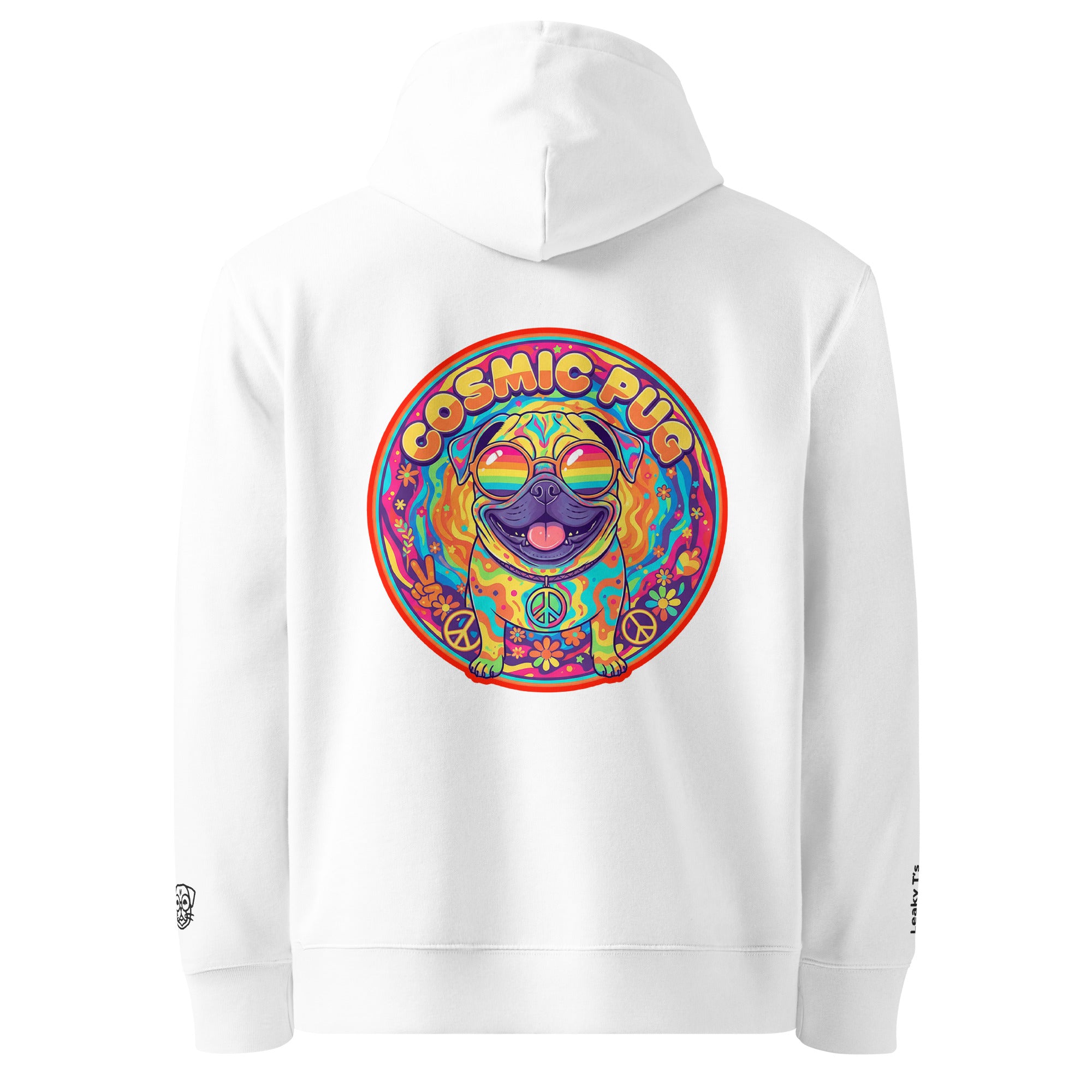 Unisex white Cosmic Pug hoodie by Leaky ts made from 100% organic cotton, showing back view with pug graphic design.