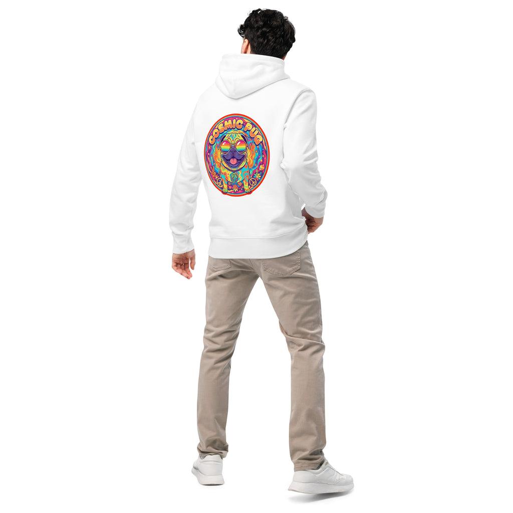 Unisex white Cosmic Pug hoodie made from 100% organic cotton by Leaky ts, shown from the back with a cosmic pug design.
