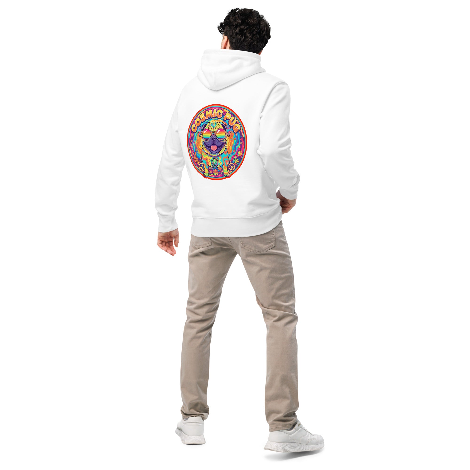 Unisex white Cosmic Pug hoodie made from 100% organic cotton by Leaky ts, shown from the back with a cosmic pug design.