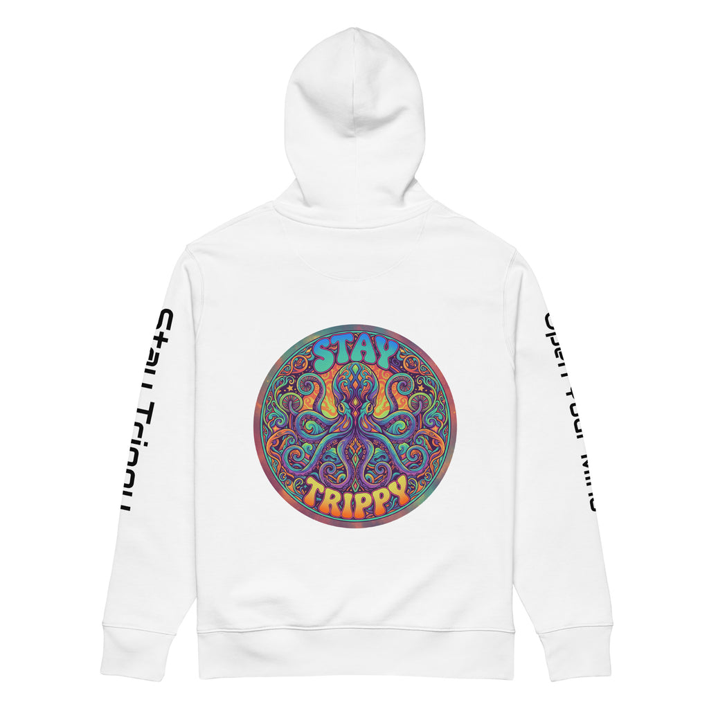 Unisex white Stay Trippy hoodie by Leaky TS made of 100% organic cotton, shown from the back view.