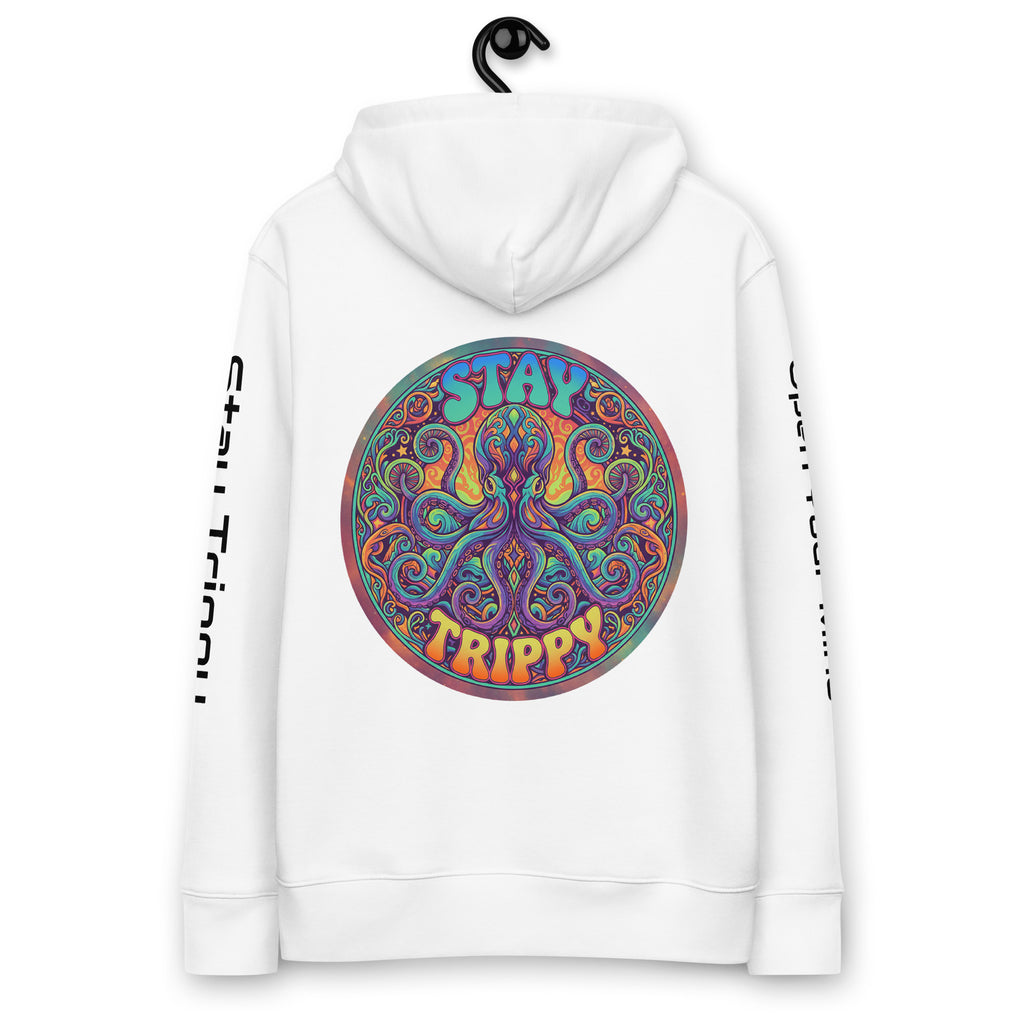 Leaky ts Stay Trippy hoodie in white, unisex eco hoodie made from 100% organic cotton, shown from the back.