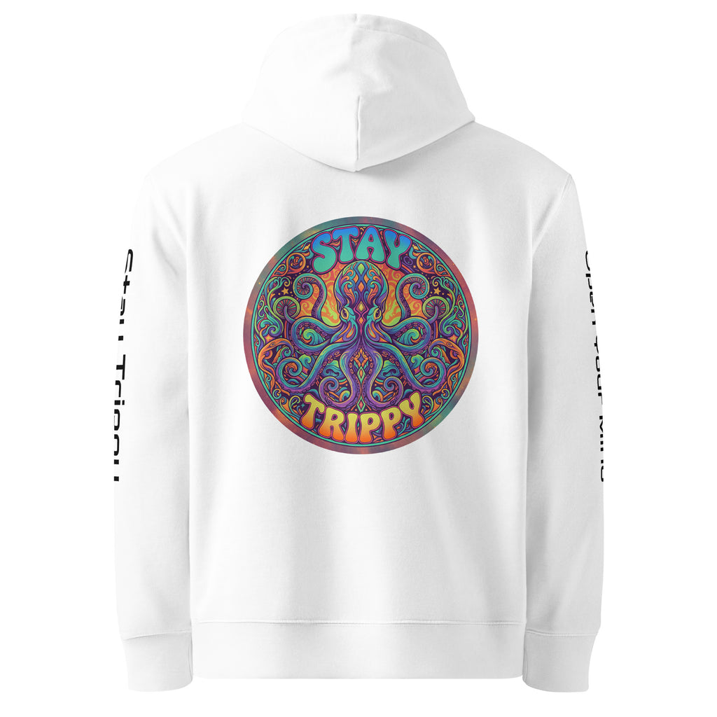 Unisex white Stay Trippy hoodie by Leaky Ts made from 100% organic cotton, showcasing the back design.