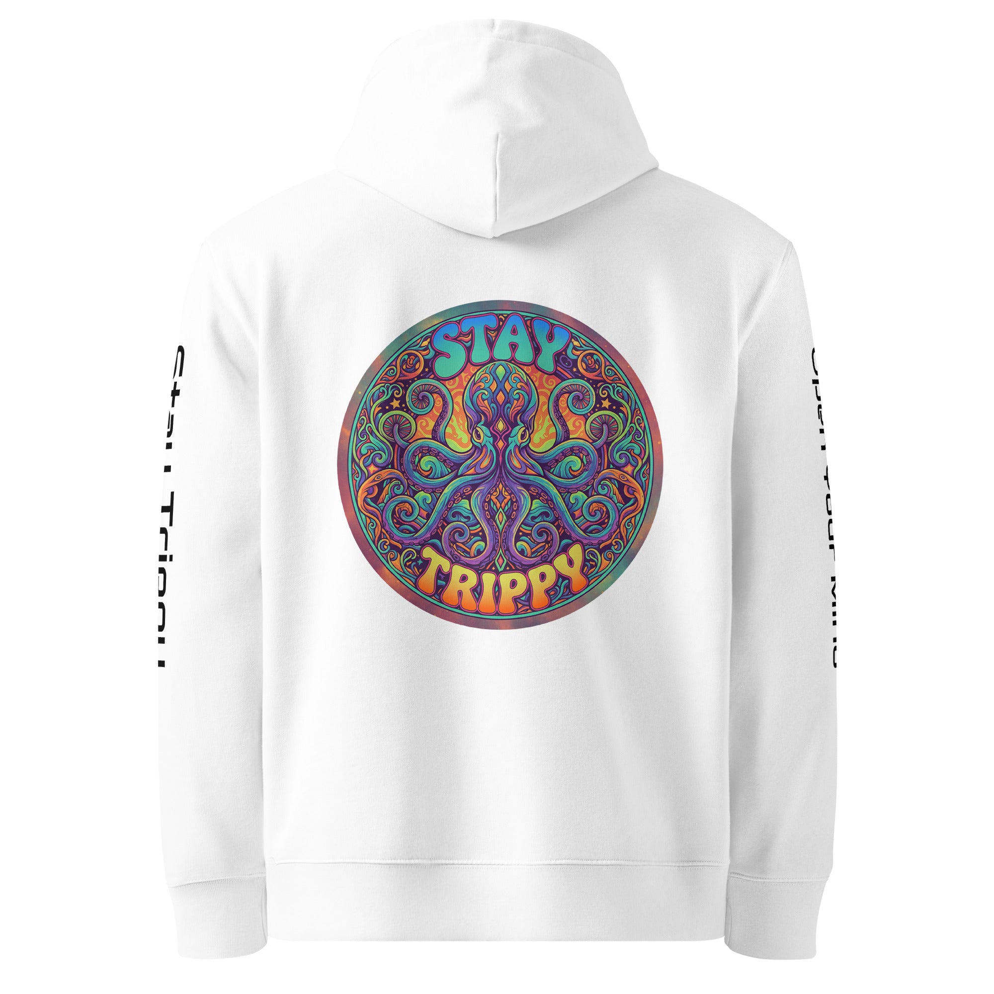 Unisex white Stay Trippy hoodie by Leaky Ts made from 100% organic cotton, showcasing the back design.