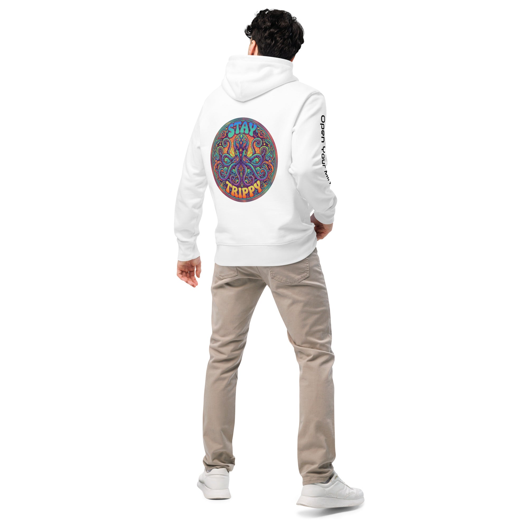 Leaky Ts Stay Trippy hoodie in white, unisex eco hoodie made of 100% organic cotton, shown from the back view.