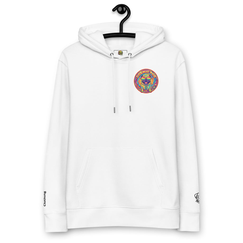 White Cosmic Pug Hoodie by Leaky ts made from 100% organic cotton, featuring a front design on a unisex eco-hoodie.