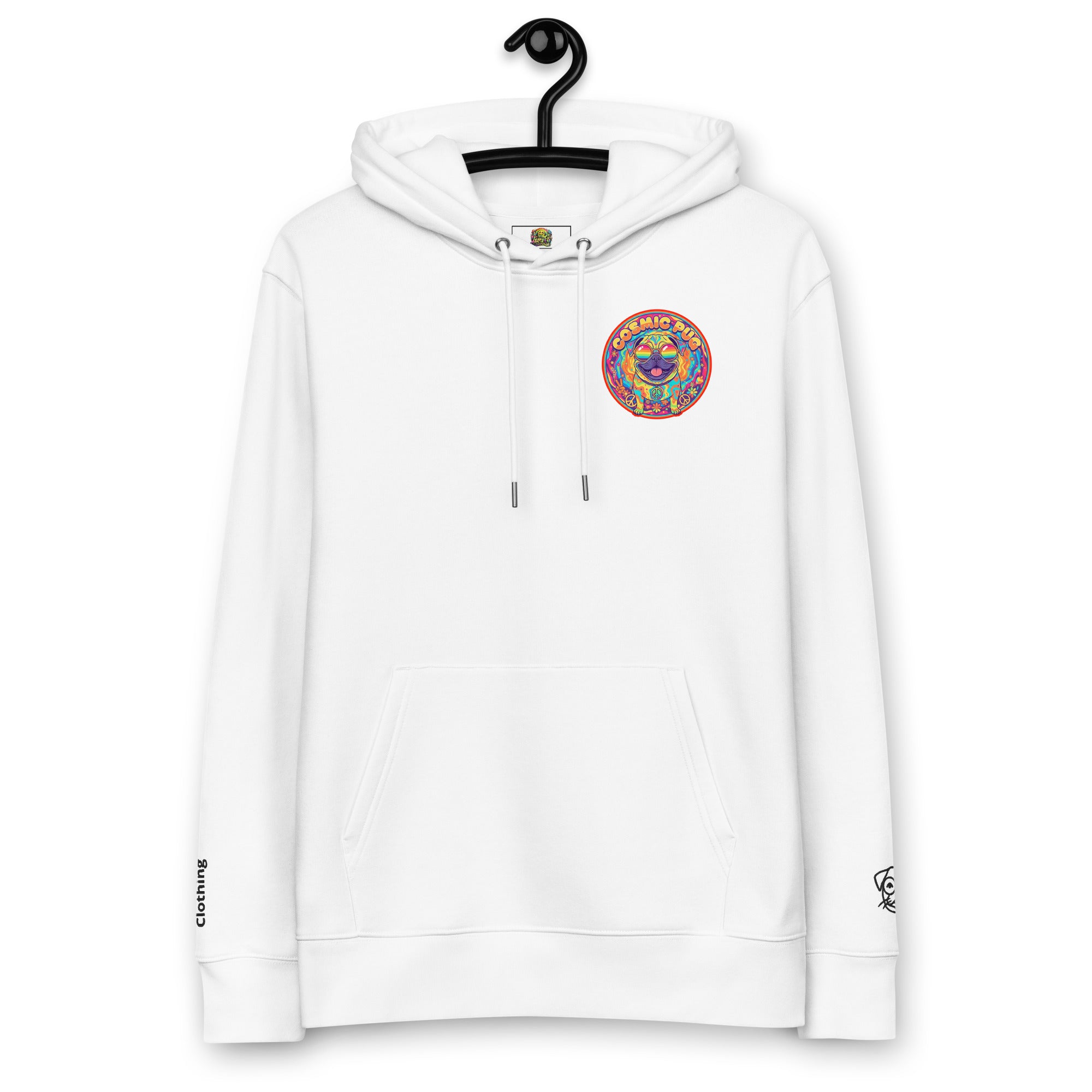 White Cosmic Pug Hoodie by Leaky ts made from 100% organic cotton, featuring a front design on a unisex eco-hoodie.