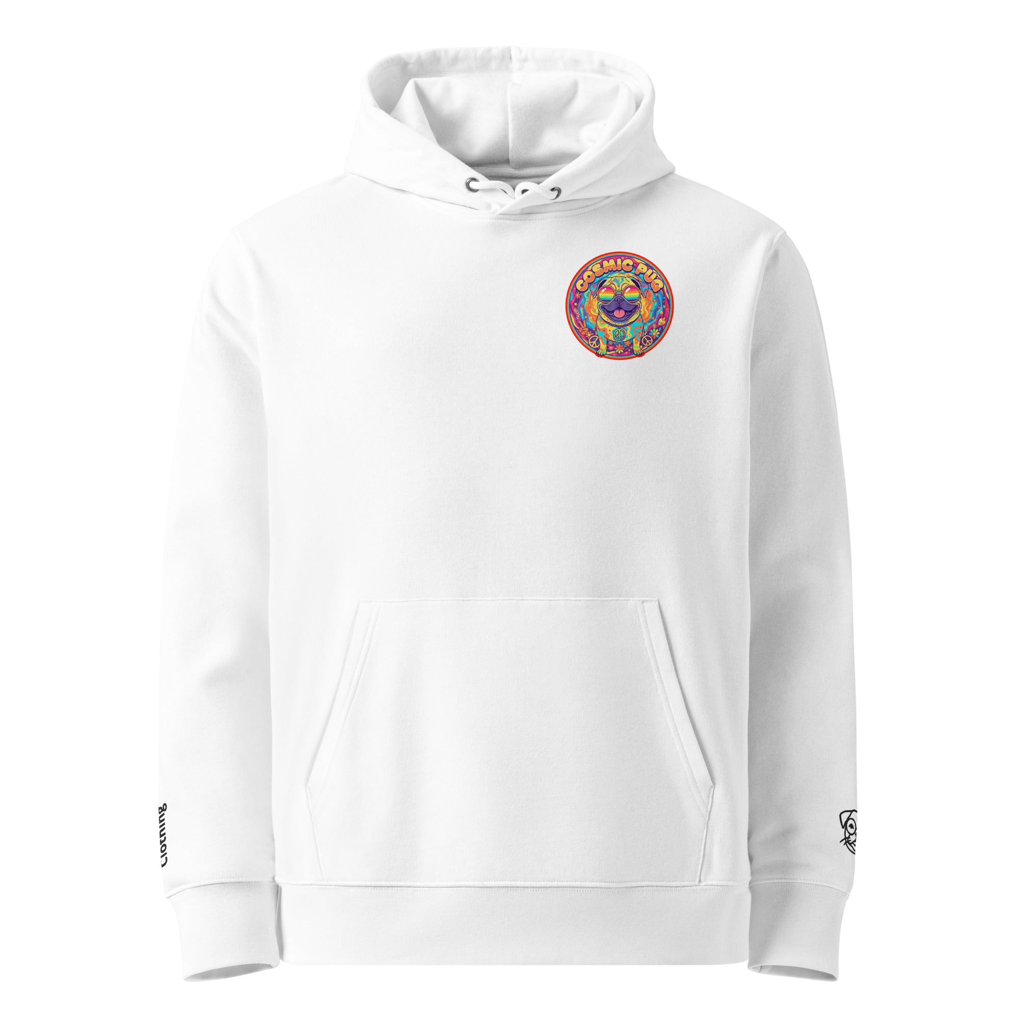 White Cosmic Pug Hoodie by Leaky ts made of 100% organic cotton, featuring a front graphic design on a unisex eco-friendly hoodie.
