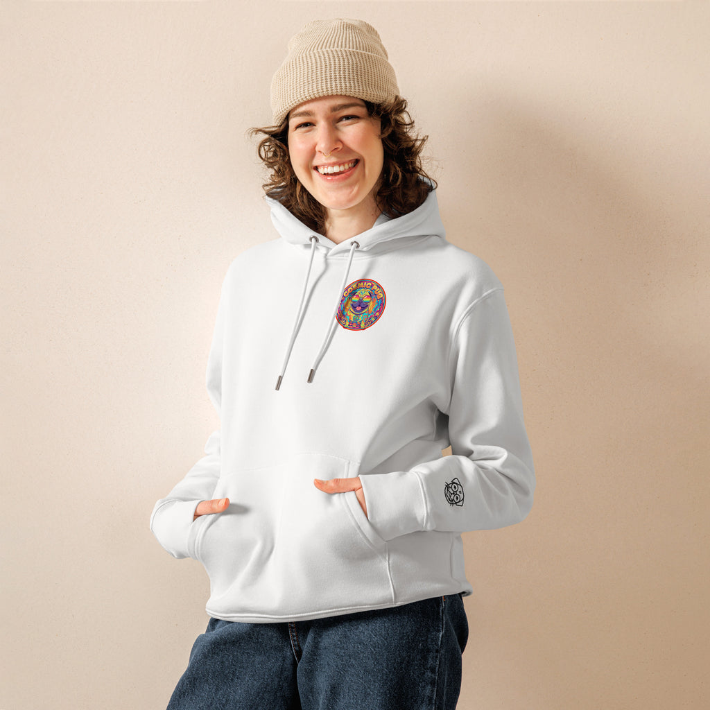 Unisex white Cosmic Pug hoodie by Leaky ts made from 100% organic cotton, front view showing pug graphic and hoodie details.