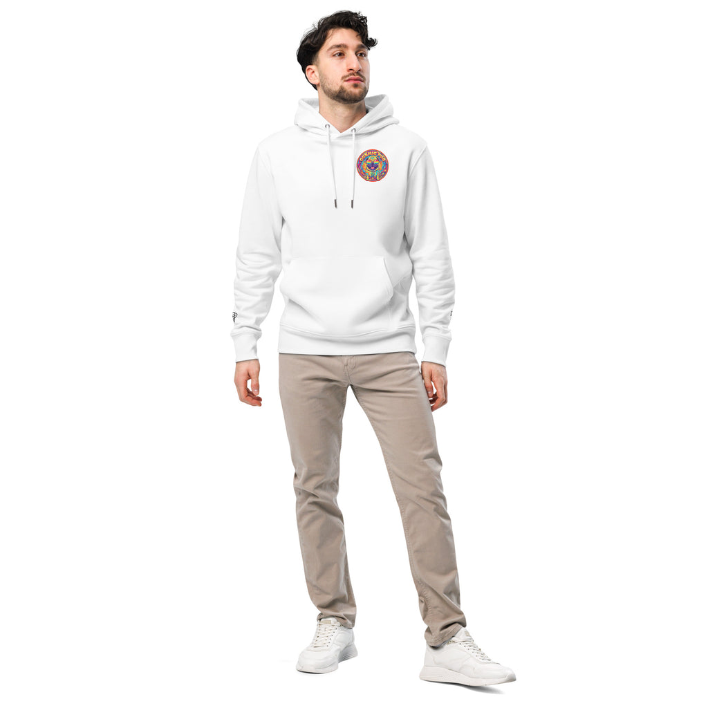Unisex Cosmic Pug hoodie by Leaky ts in white, made from 100% organic cotton, front view showing pug graphic design.