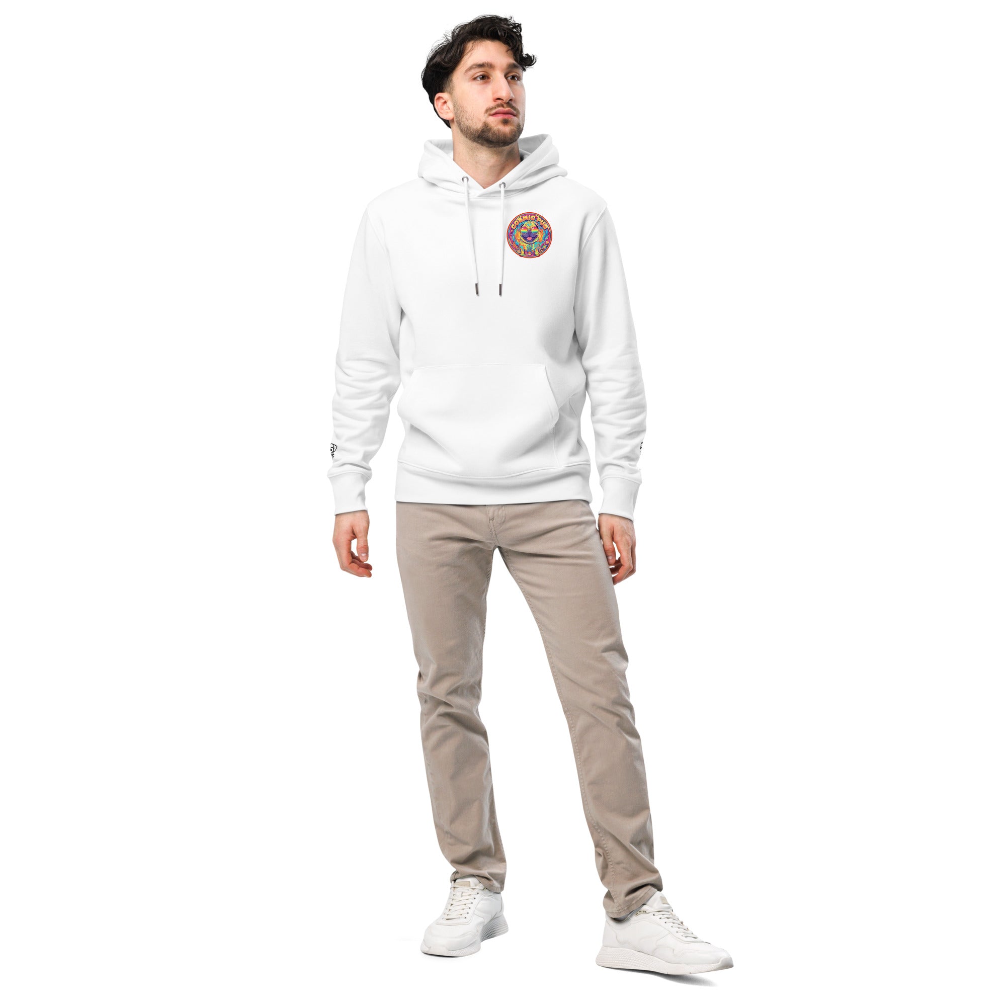 Unisex Cosmic Pug hoodie by Leaky ts in white, made from 100% organic cotton, front view showing pug graphic design.