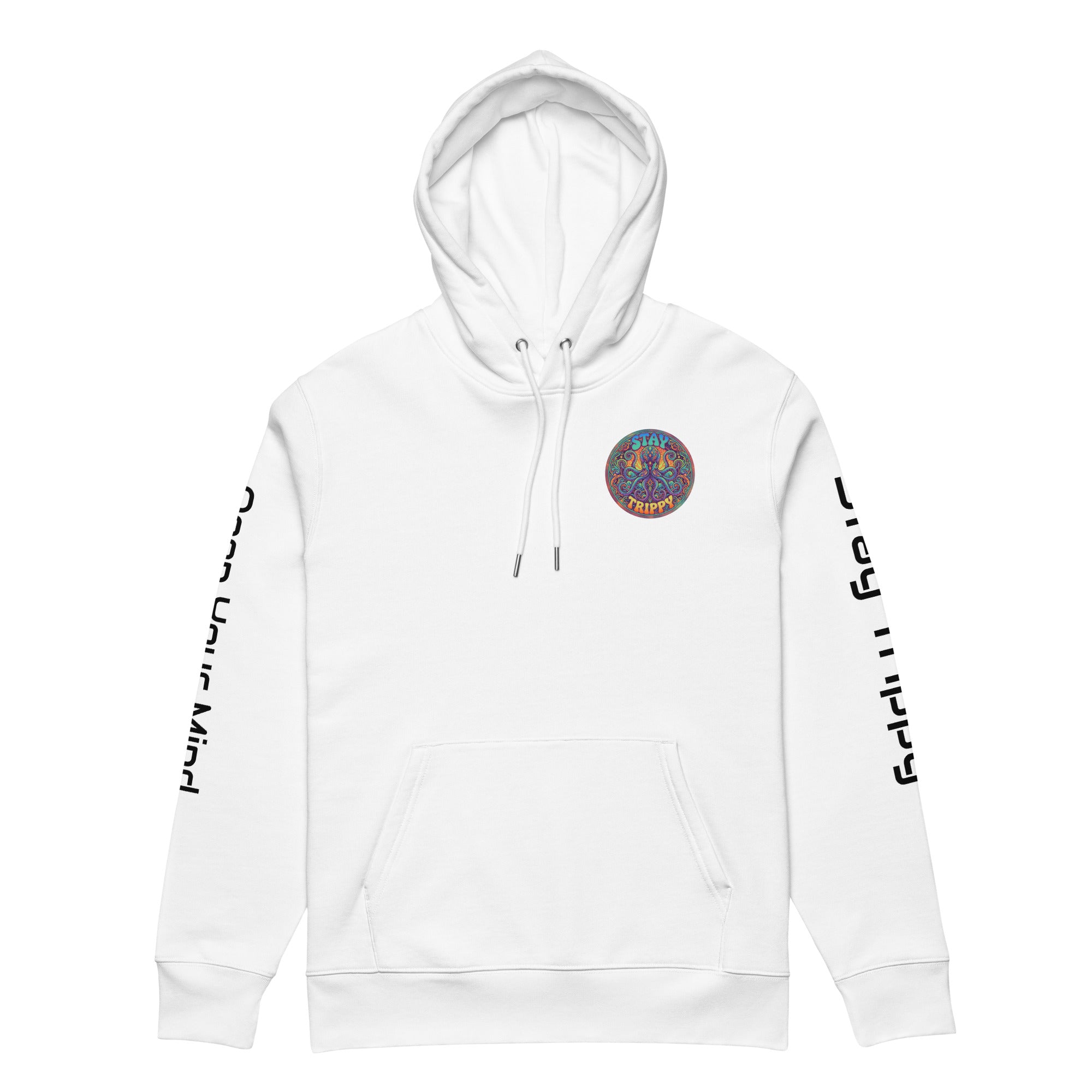 White unisex Stay Trippy hoodie by Leaky TS made from 100% organic cotton, showing the front view with a relaxed fit.