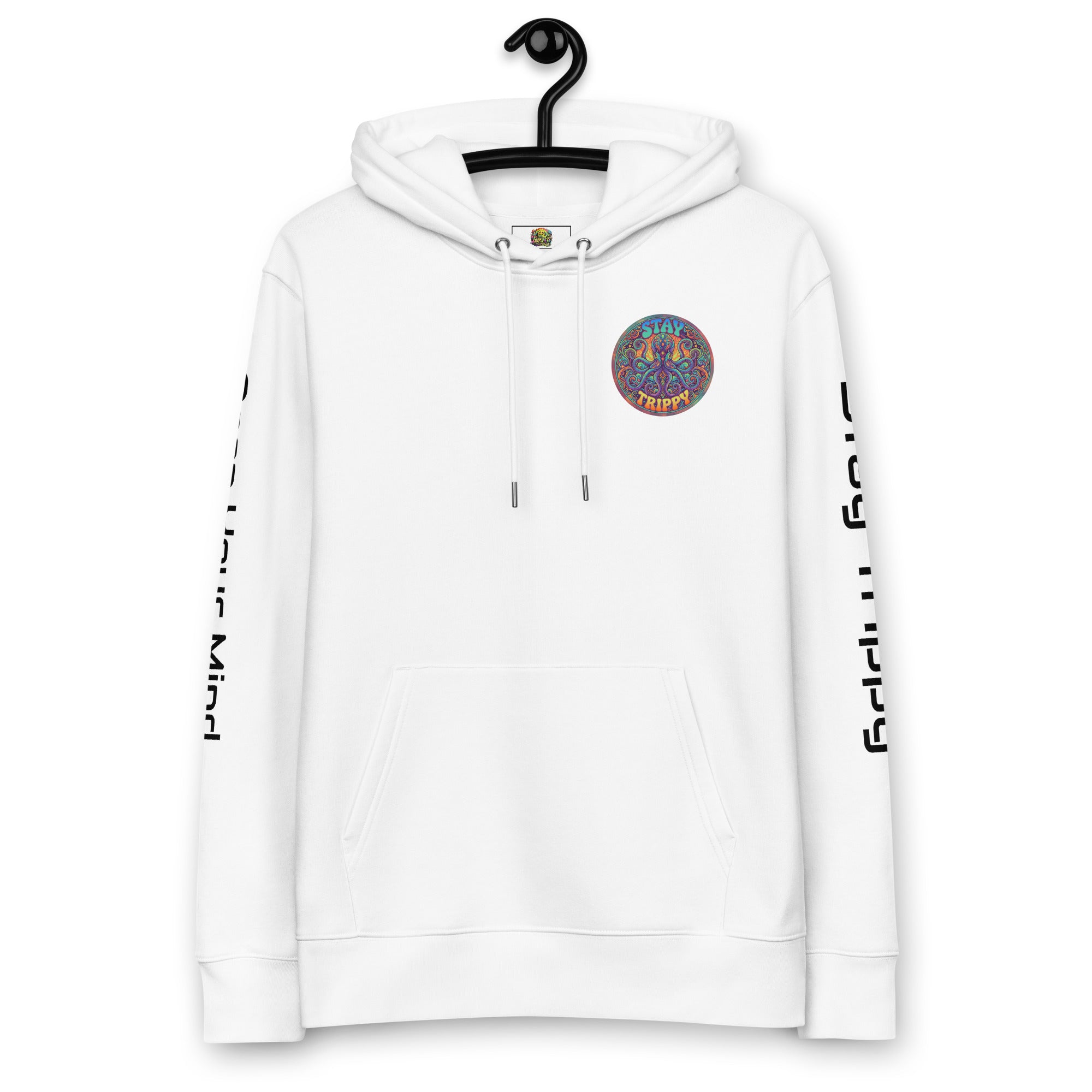 Leaky Ts Stay Trippy hoodie in white, unisex eco-friendly organic cotton, front view showing minimalist design and comfortable fit.