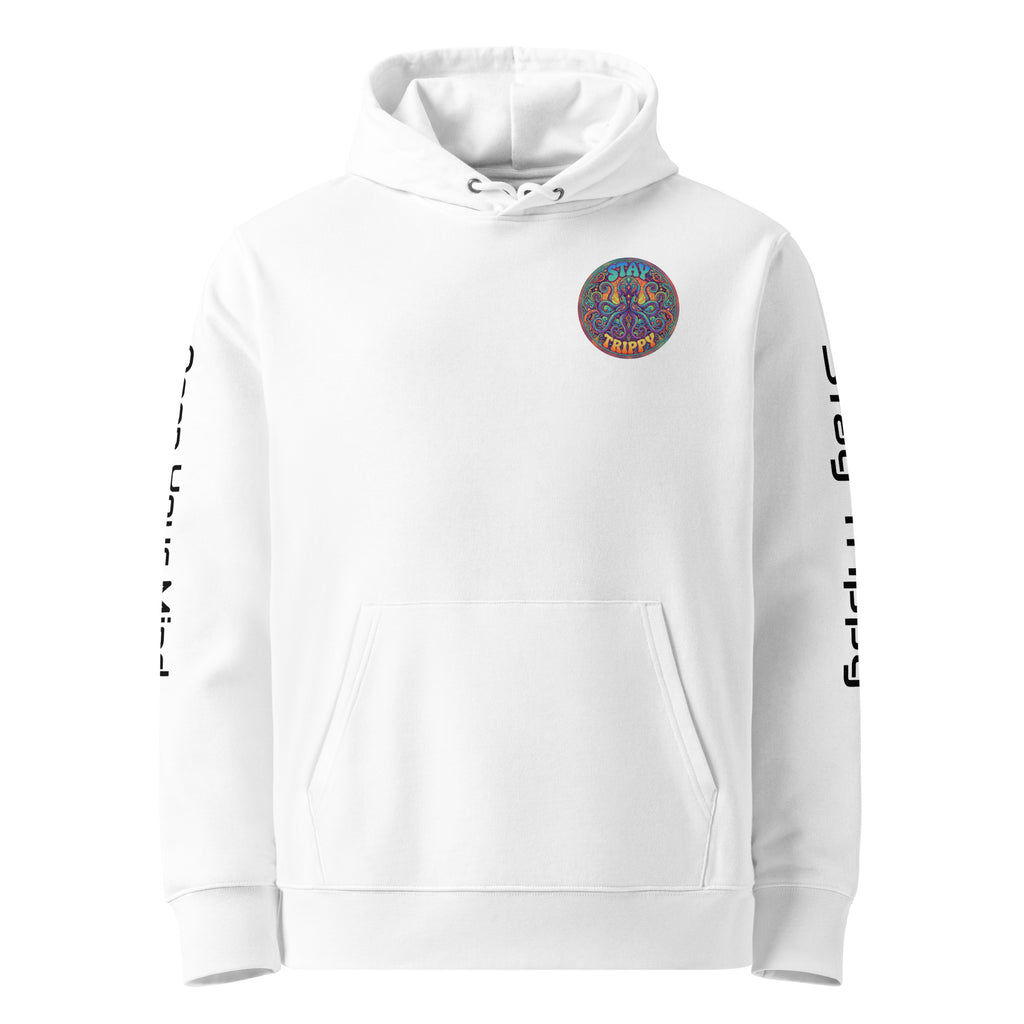 Leaky ts Stay Trippy hoodie in white, unisex eco hoodie made from 100% organic cotton, front view with graphic design.