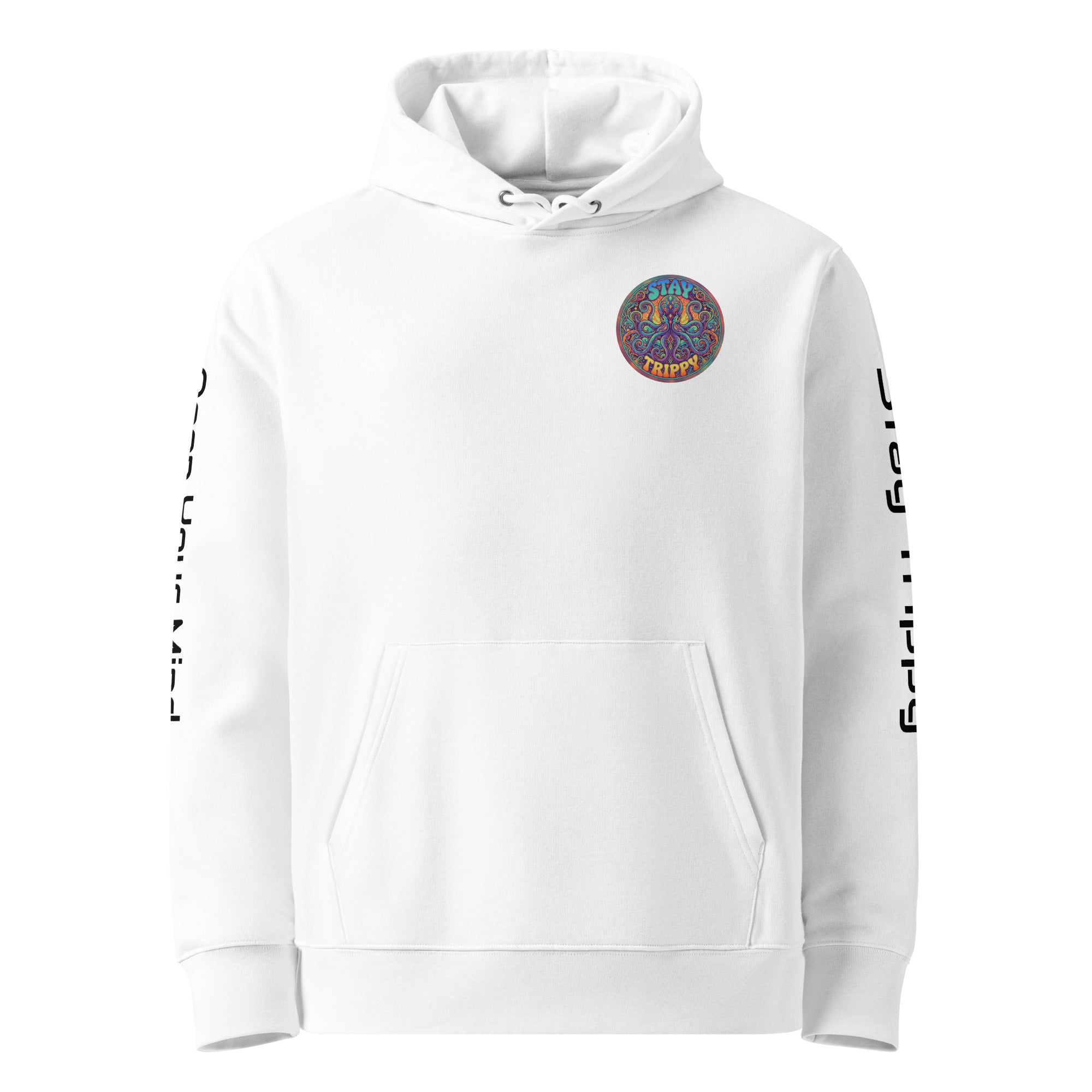 Leaky ts Stay Trippy hoodie in white, unisex eco hoodie made from 100% organic cotton, front view with graphic design.